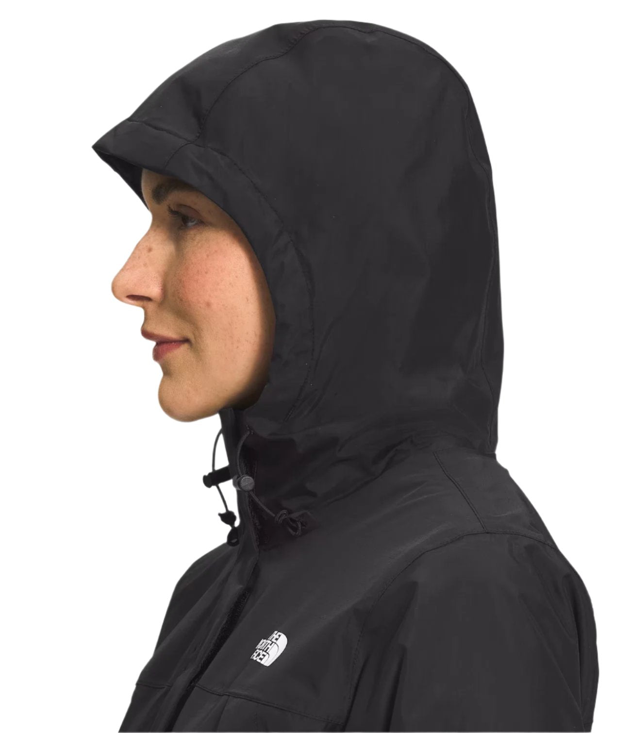 North Face Women's Antora Triclimate Jacket - A black jacket with a white logo on the left chest and a hood, featuring a zipper closure.