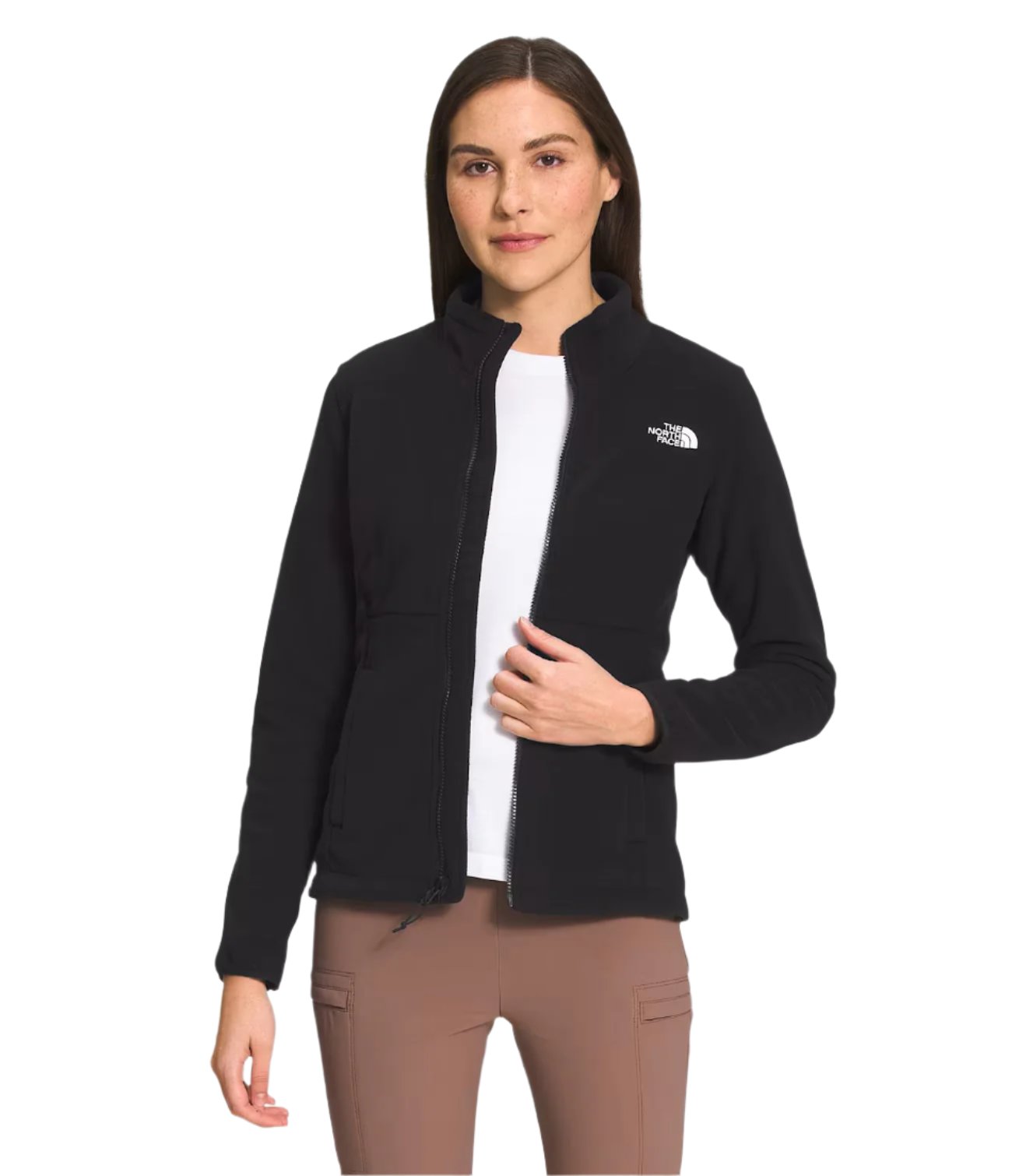 North Face Women's Antora Triclimate Jacket - A black jacket with a white logo on the left chest and a zipper down the front.