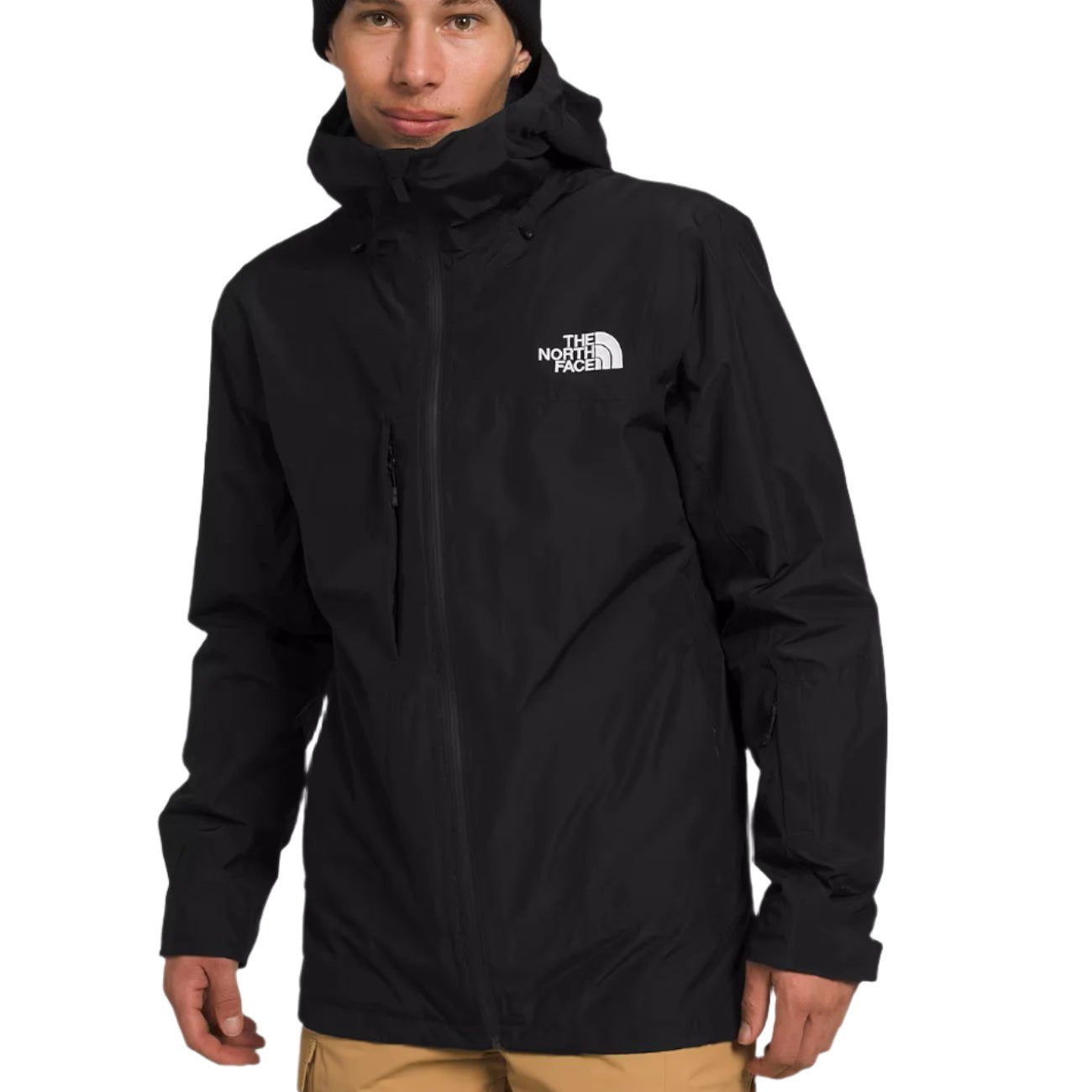 North Face ThermoBall Snow Triclimate Jacket - A black jacket with a white logo on the left chest and a zipper down the front.