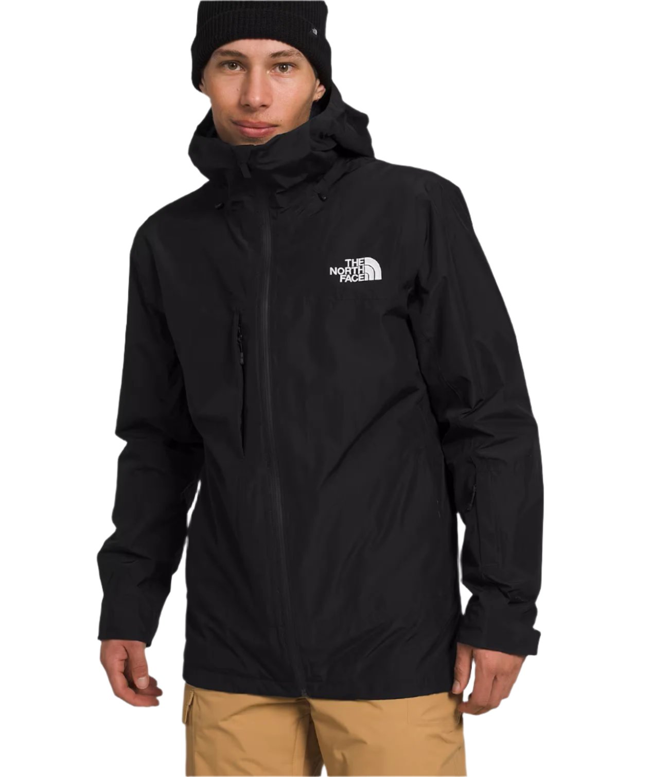 North Face ThermoBall Snow Triclimate Jacket - A black jacket with a white logo on the left chest and a zipper down the front.