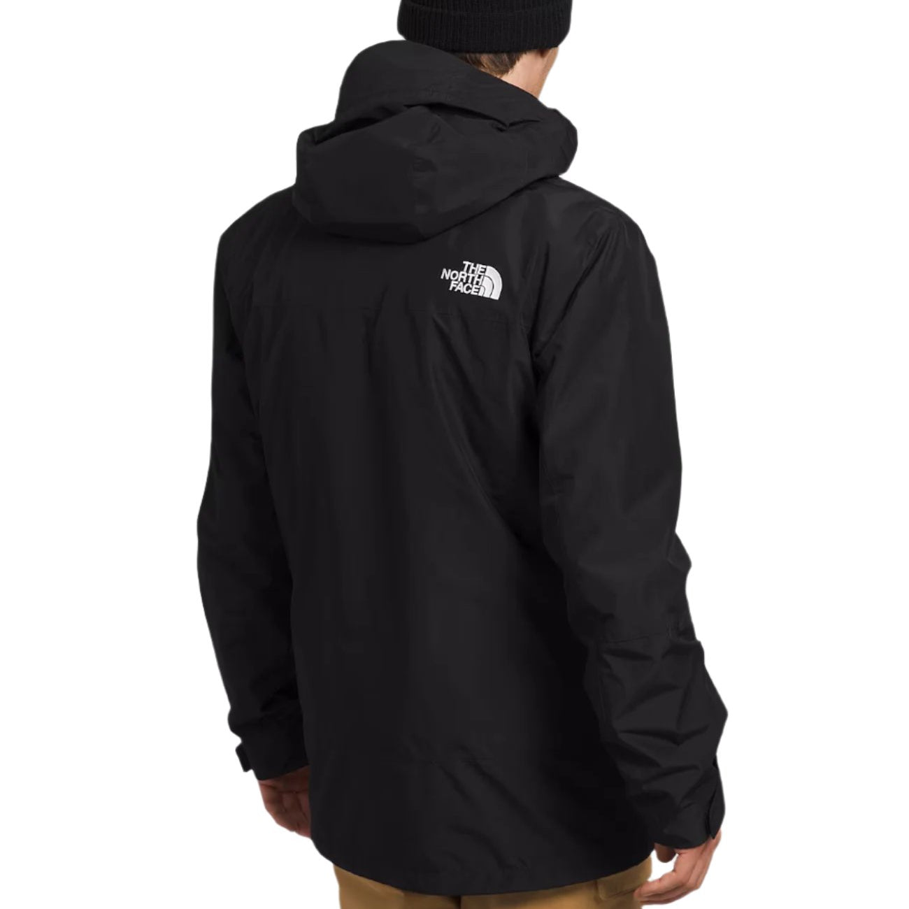North Face ThermoBall Snow Triclimate Jacket 2025 - A black jacket with a white logo on the upper back, featuring a hood and zippered pockets.