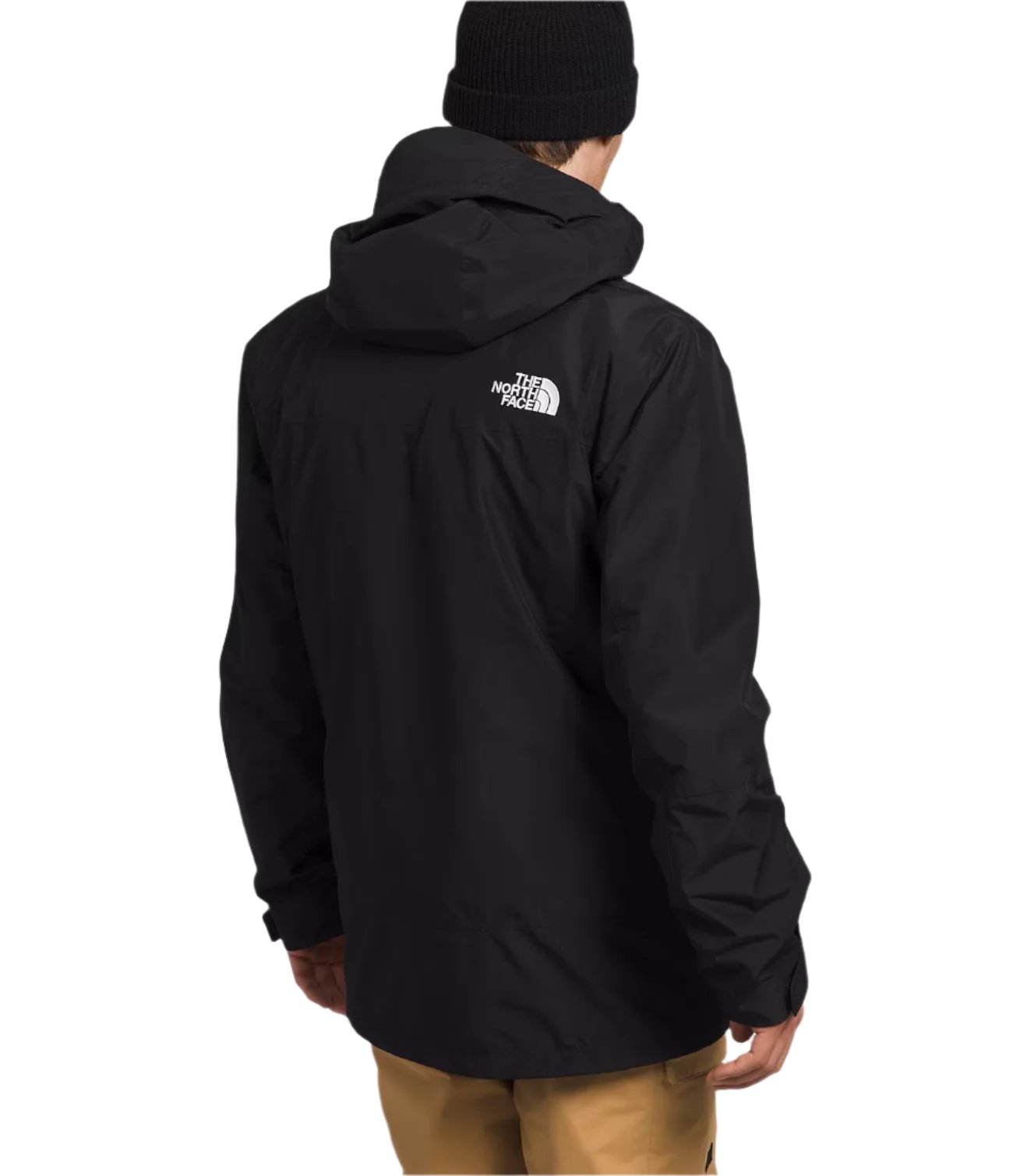 North Face ThermoBall Snow Triclimate Jacket 2025 - A black jacket with a white logo on the upper back, featuring a hood and zippered pockets.