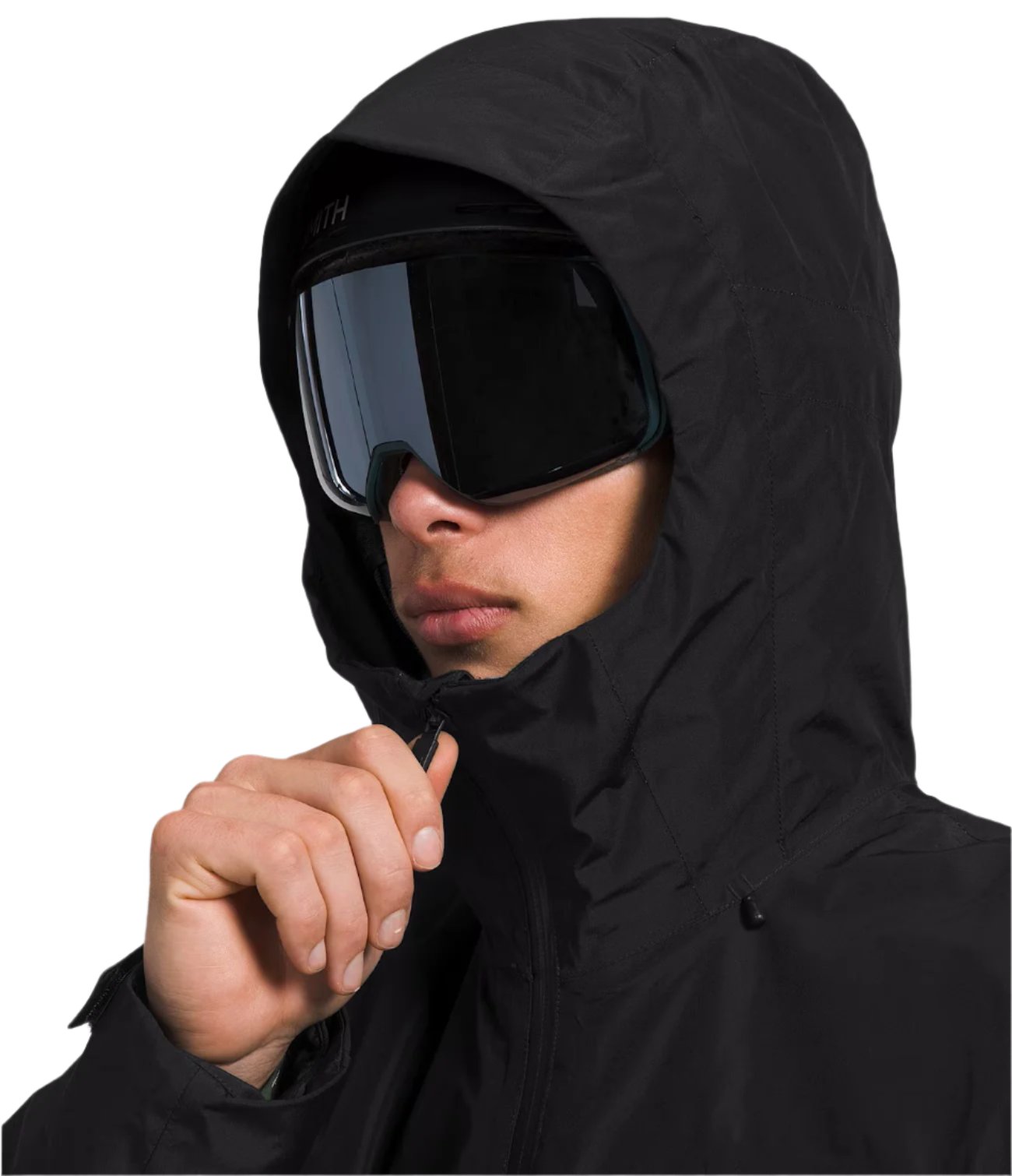 North Face ThermoBall Snow Triclimate Jacket - A black jacket with a hood, featuring a zipper and two zippered pockets on the front.