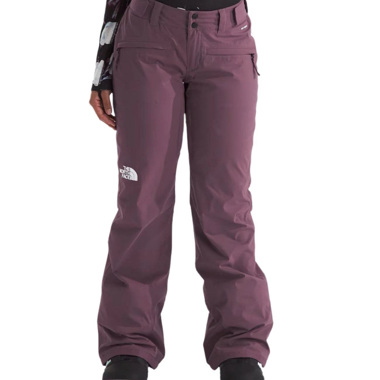 North Face Women's Freedom Stretch Pant 2025 - A pair of women's snow pants with a white logo on the left thigh and a black zipper pocket on the right hip.