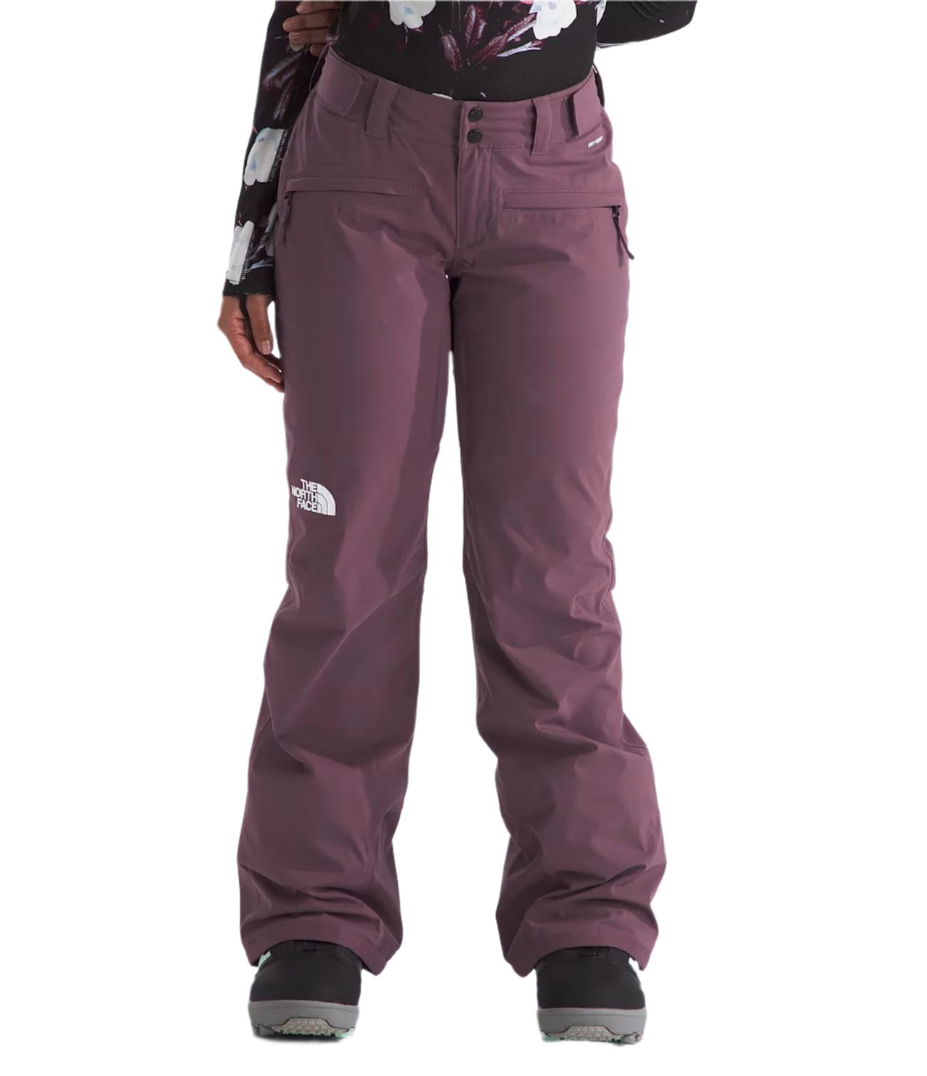 North Face Women's Freedom Stretch Pant 2025 - A pair of women's snow pants with a white logo on the left thigh and a black zipper pocket on the right hip.