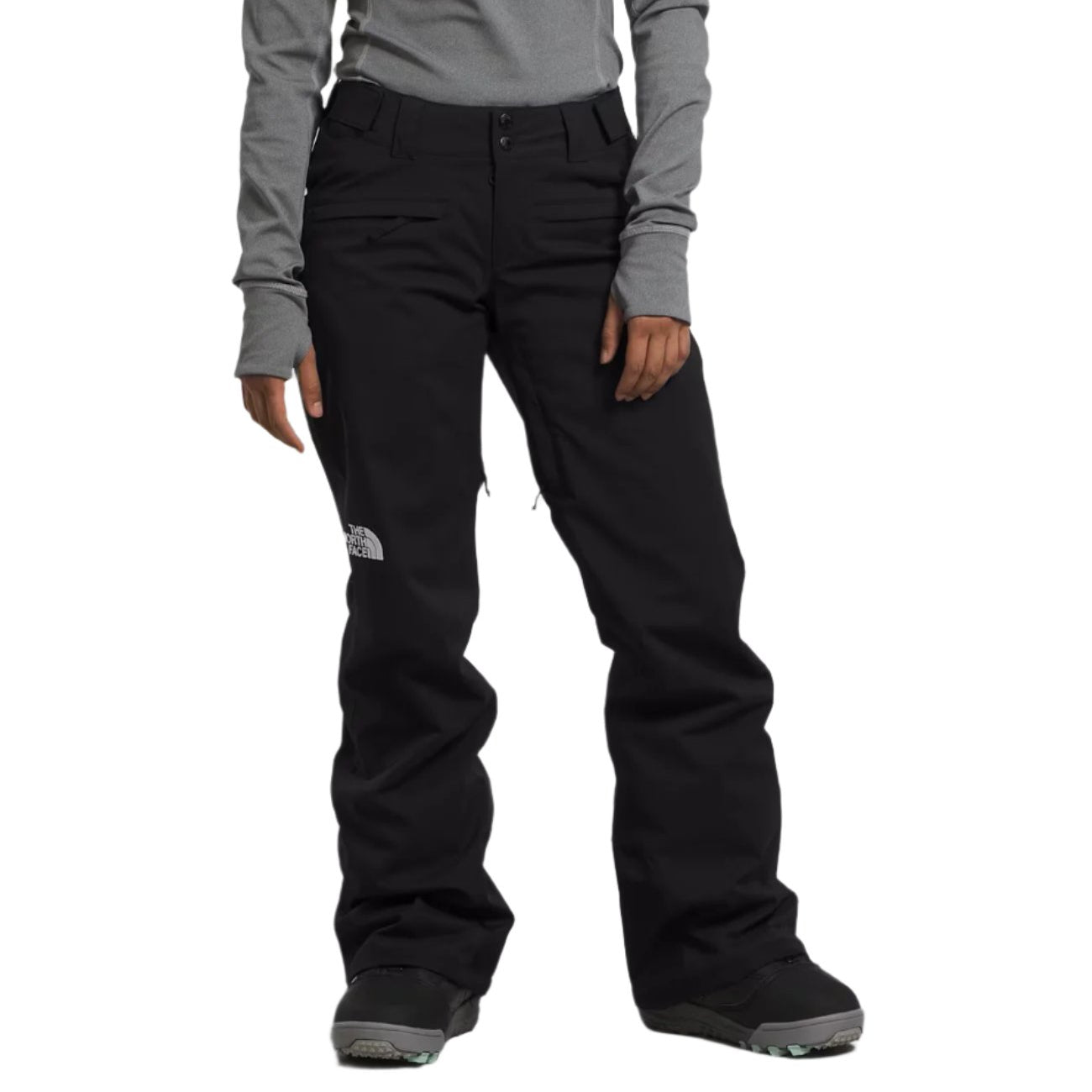 North Face Women's Freedom Stretch Pant 2025 - A pair of black women's snow pants with a white logo on the left thigh and a small pocket on the right thigh.