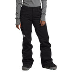 North Face Women's Freedom Stretch Pant 2025 - A pair of black women's snow pants with a white logo on the left thigh and a small pocket on the right thigh.