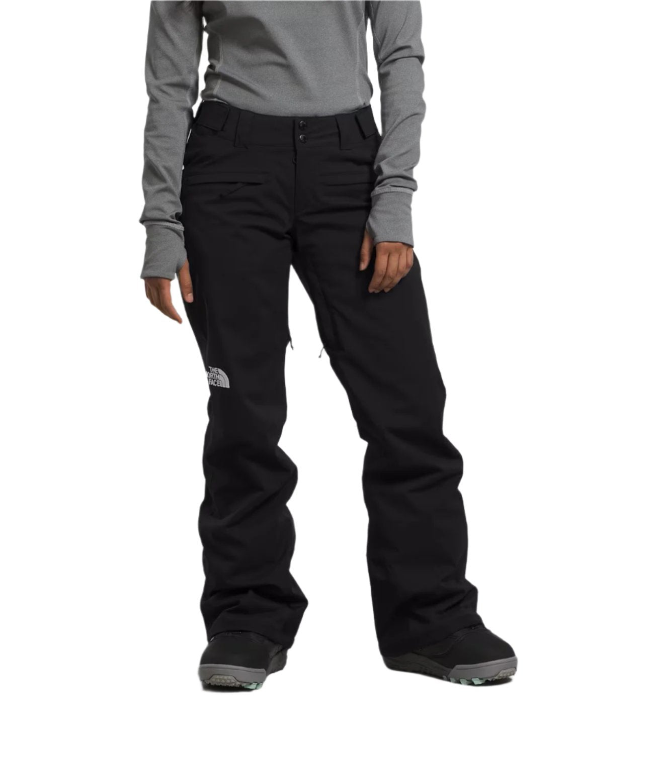 North Face Women's Freedom Stretch Pant 2025 - A pair of black women's snow pants with a white logo on the left thigh and a small pocket on the right thigh.