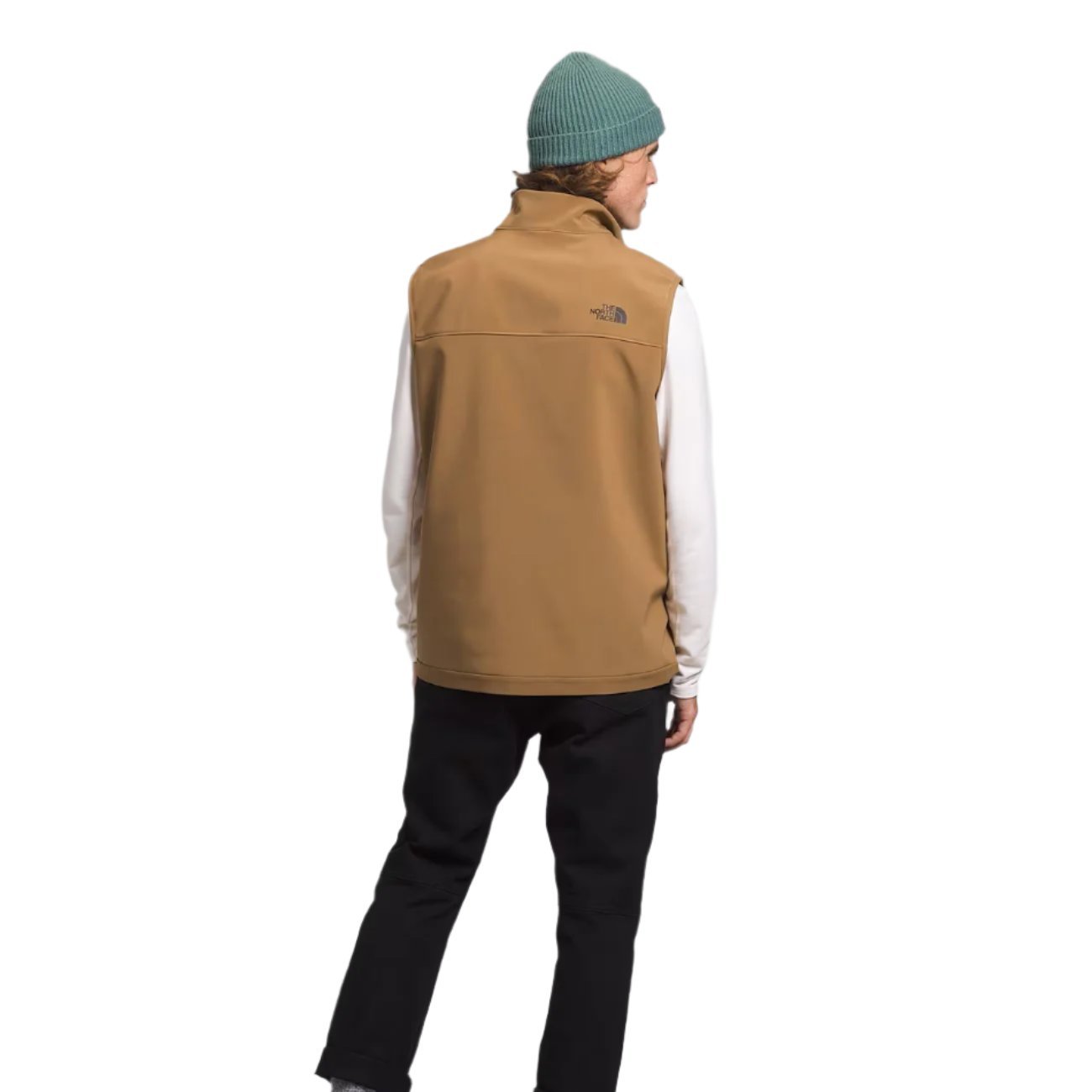 North Face Apex Bionic Vest 2025 - A tan-colored vest with a zippered front and two side pockets, worn by a model on a plain background.