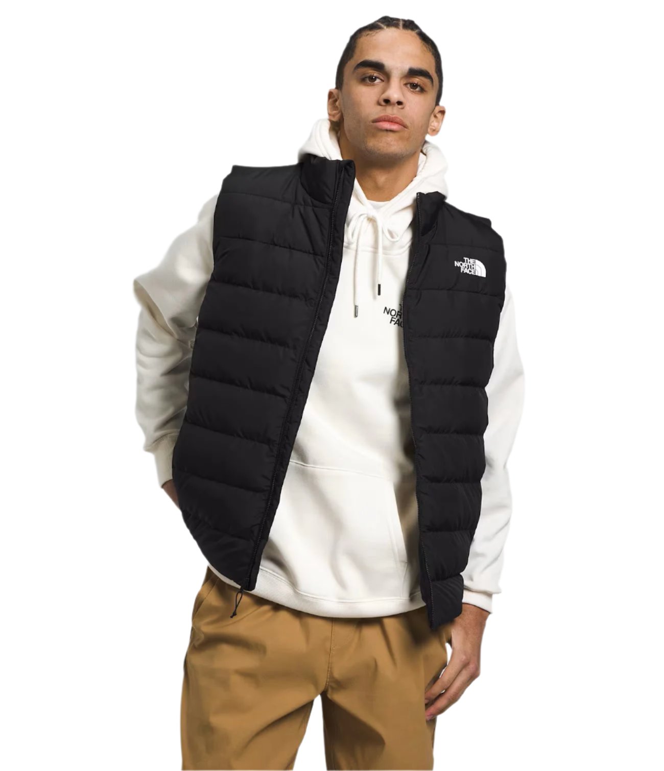 North Face Aconcagua 3 Vest - Black vest with white logo on left chest and black zipper.