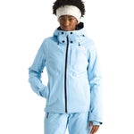 North Face Women's Lenado Insulated Jacket - A woman wearing a light blue jacket with black zipper and snap buttons, standing against a white background.