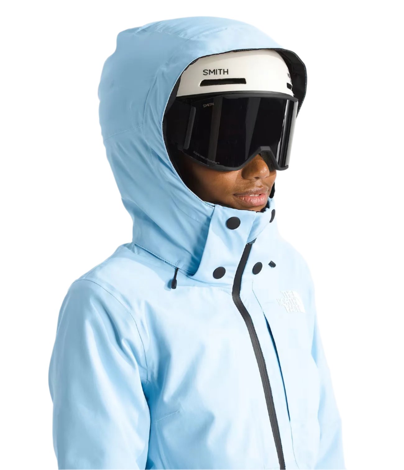 North Face Women's Lenado Insulated Jacket - A light blue jacket with a hood and black buttons down the front.