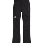 North Face Women's Lenado Insulated Pant - A pair of black insulated ski pants with a white logo on the left thigh and two zippered pockets on either side.