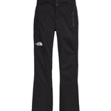 North Face Women's Lenado Insulated Pant - A pair of black insulated ski pants with a white logo on the left thigh and two zippered pockets on either side.