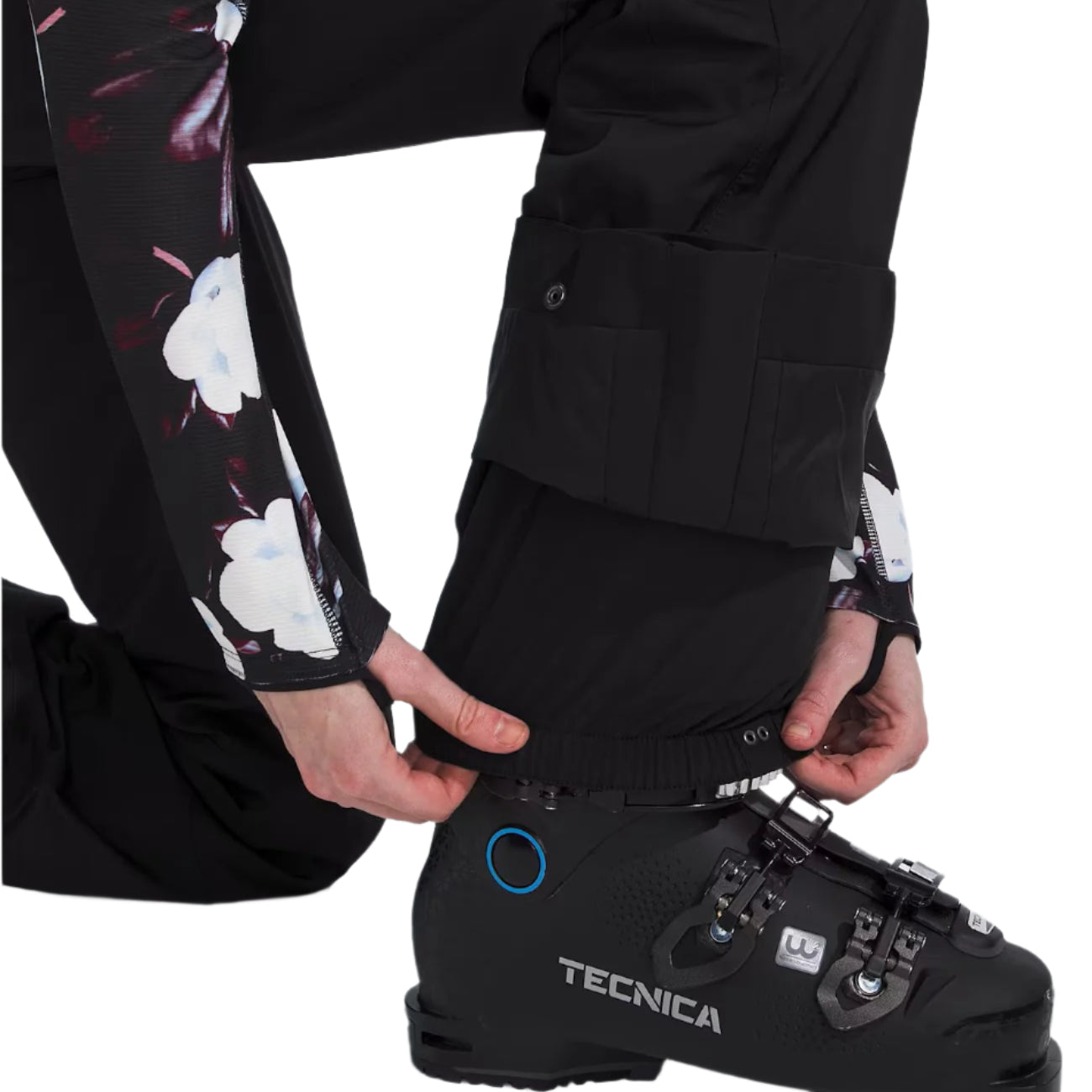 North Face Women's Lenado Insulated Pant Tall - Black pants with white flowers and pink stems on left leg.