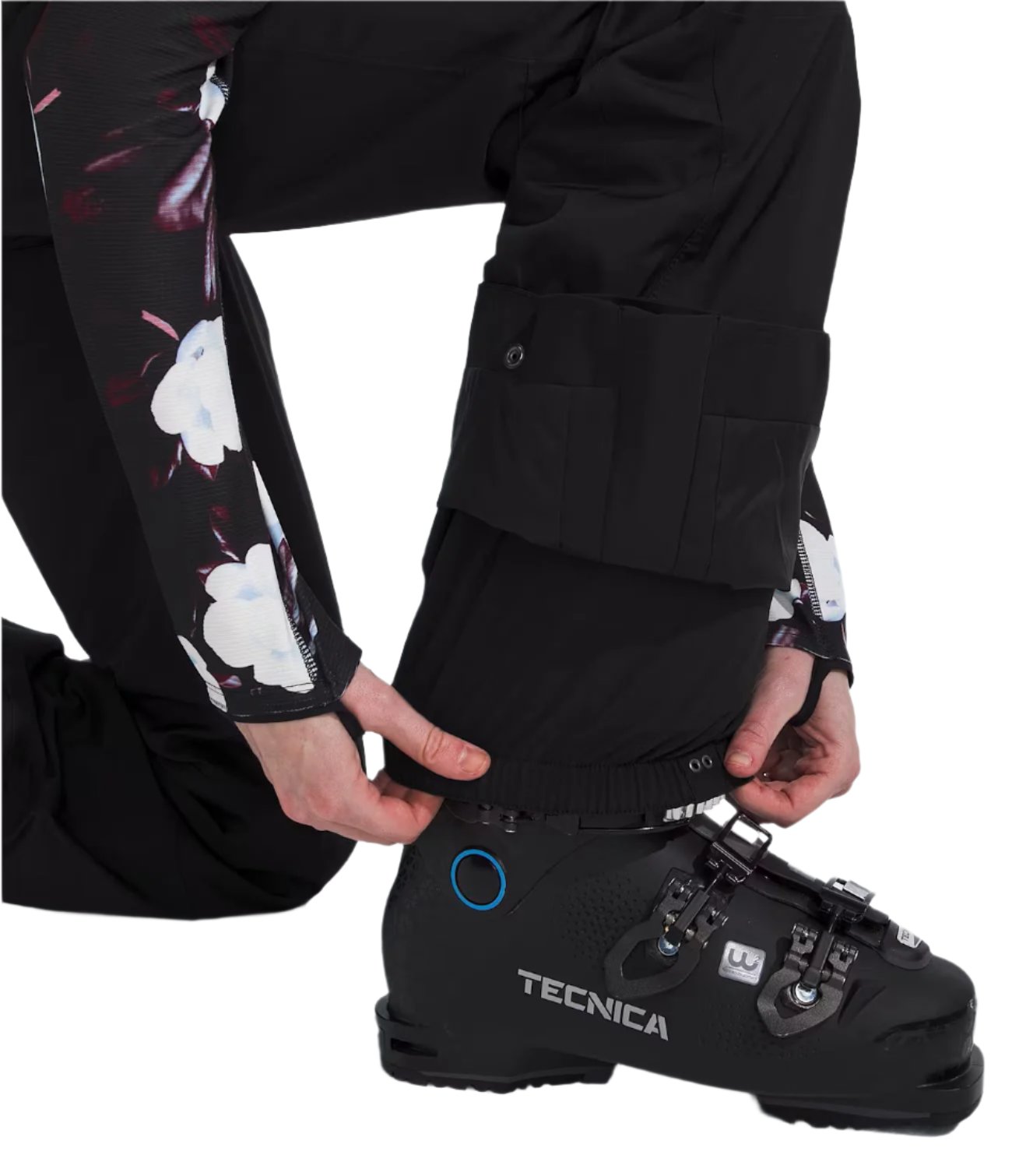 North Face Women's Lenado Insulated Pant - Black snow pants with a white floral pattern on the left leg cuff.