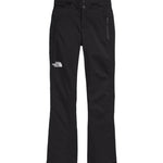 North Face Women's Lenado Insulated Pant Short - A pair of black insulated ski pants with a white logo on the left thigh and two zippered pockets on the right side.