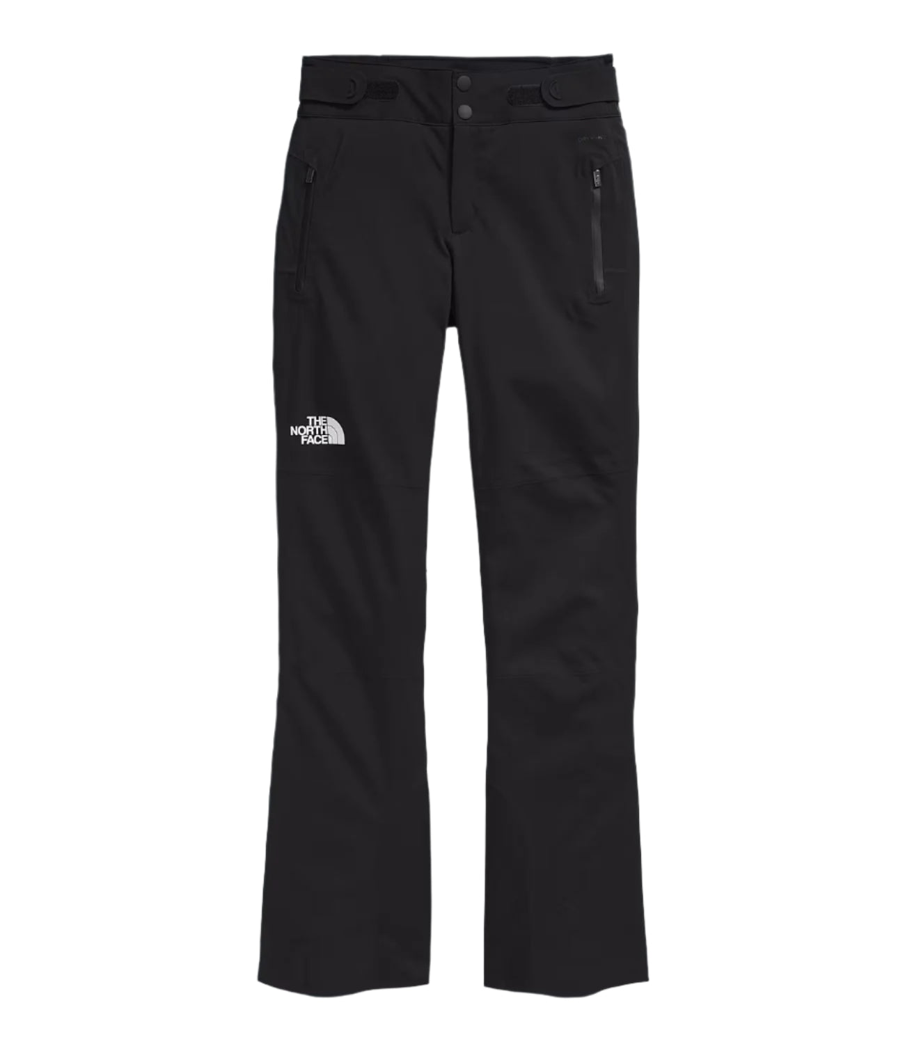 North Face Women's Lenado Insulated Pant Short - A pair of black insulated ski pants with a white logo on the left thigh and two zippered pockets on the right side.