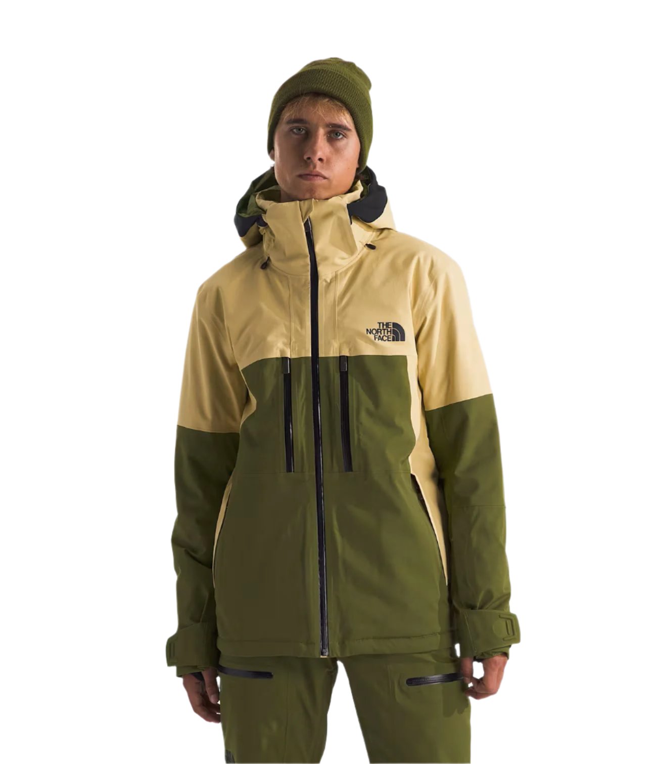 North Face Chakal Insulated Jacket - A tan and green jacket with a black zipper on the front.