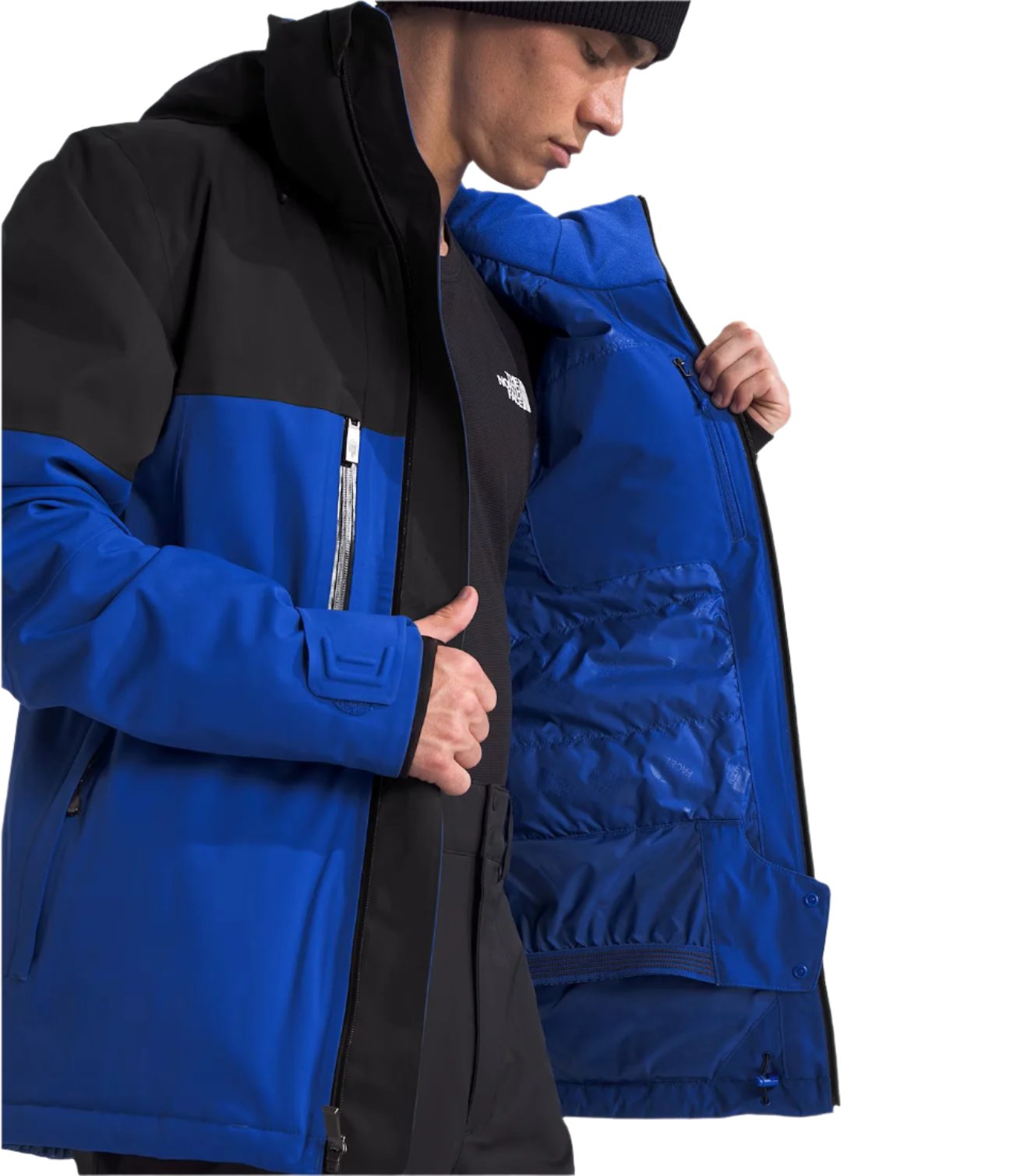 North Face Chakal Insulated Jacket - A black jacket with a blue stripe across the chest and down the sleeves.