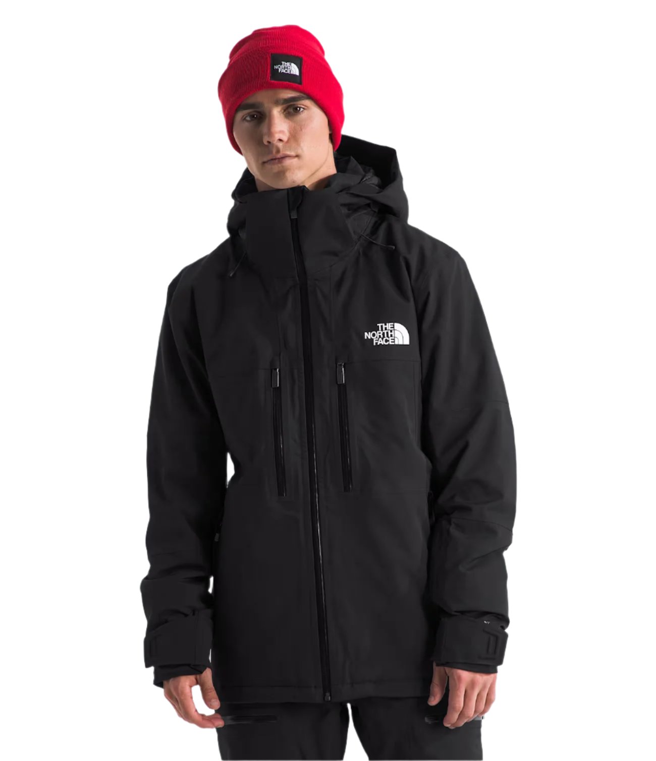North Face Chakal Insulated Jacket - A black jacket with a white logo on the left chest and two zippered pockets on either side of the waist.