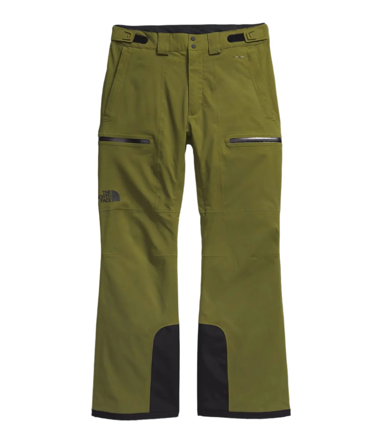 North Face Chakal Insulated Pant - A pair of olive green pants with a black waistband and belt loops, featuring two zippered pockets on each thigh.