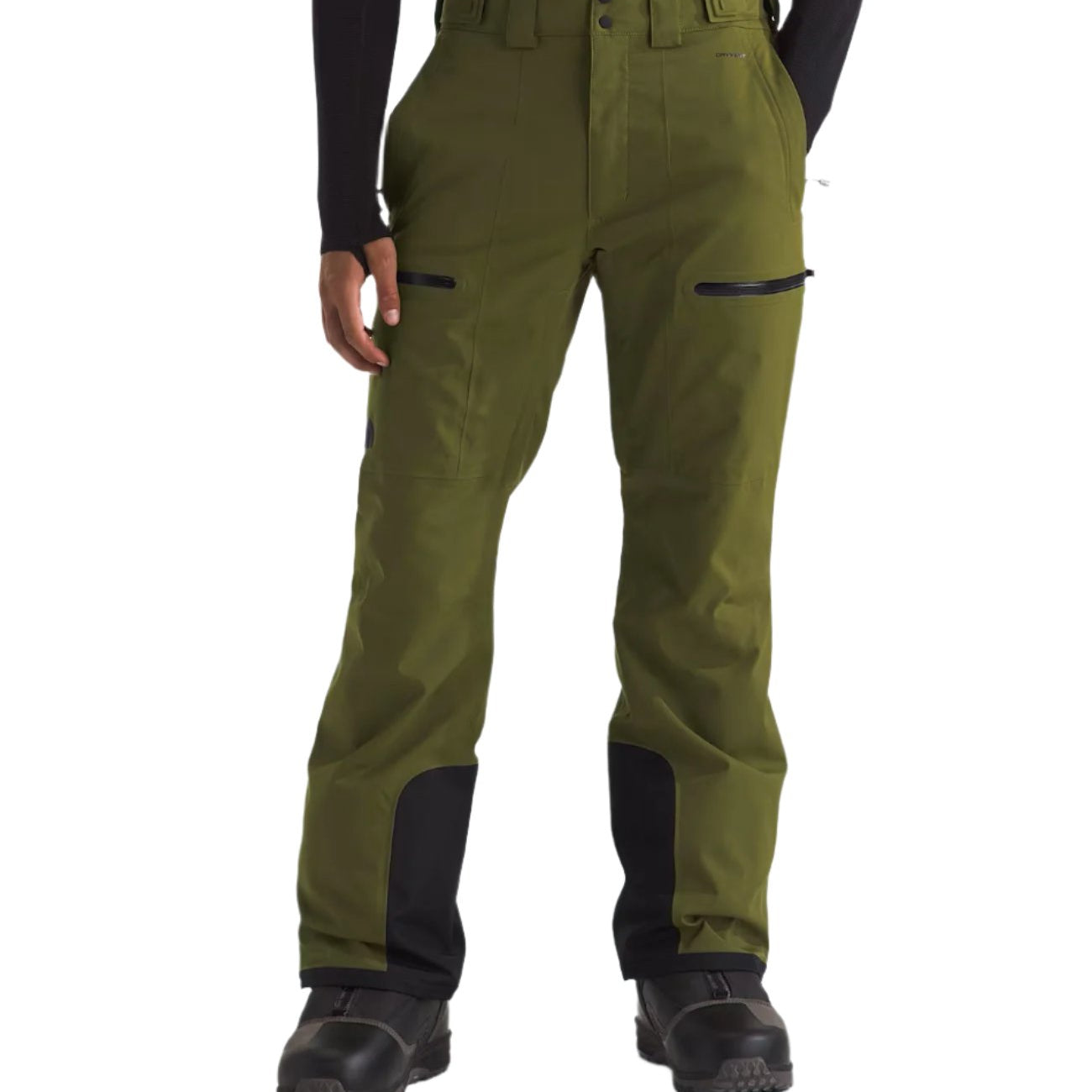 North Face Chakal Insulated Pant - A pair of olive green insulated pants with black accents and a zippered pocket on the thigh.