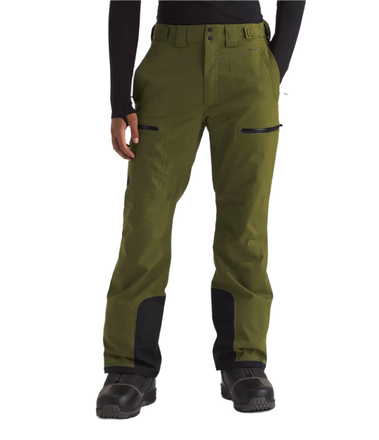 North Face Chakal Insulated Pant - A pair of olive green insulated pants with black accents and a zippered pocket on the thigh.