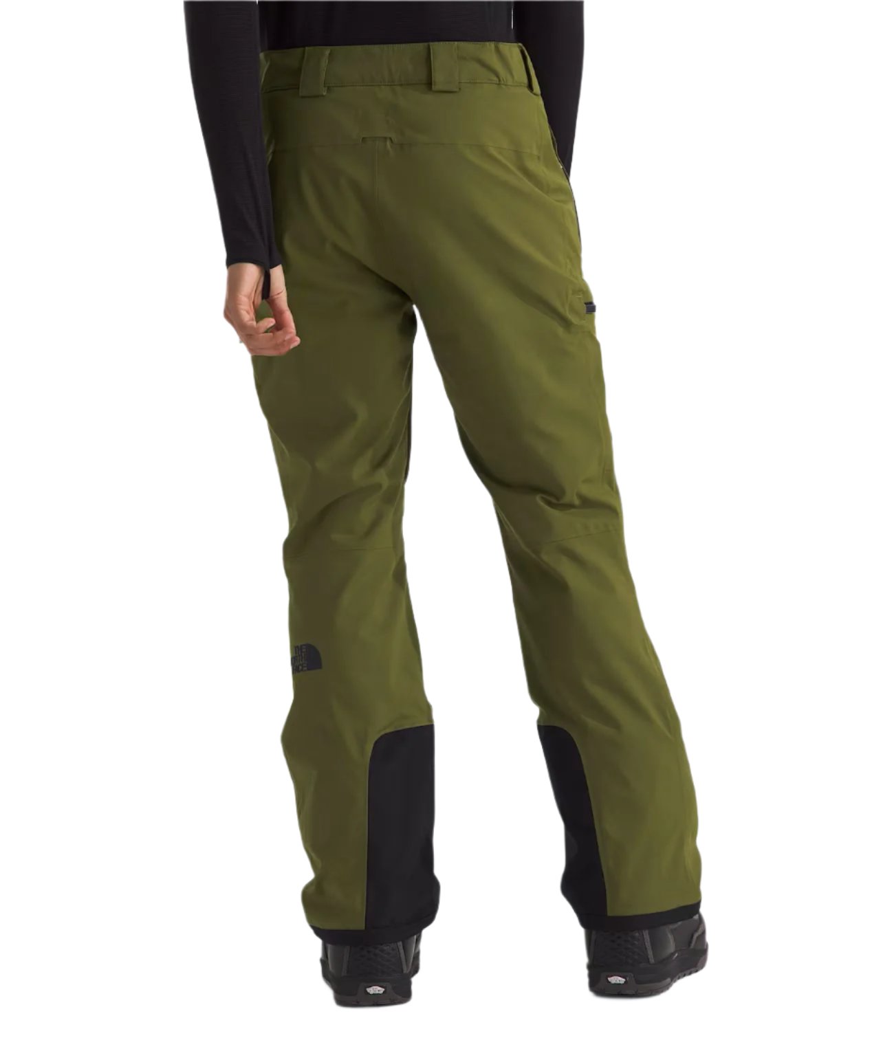 North Face Men's Chakal Insulated Pant Tall - A pair of olive green insulated pants with a black logo on the left leg and a black belt loop on the right side.