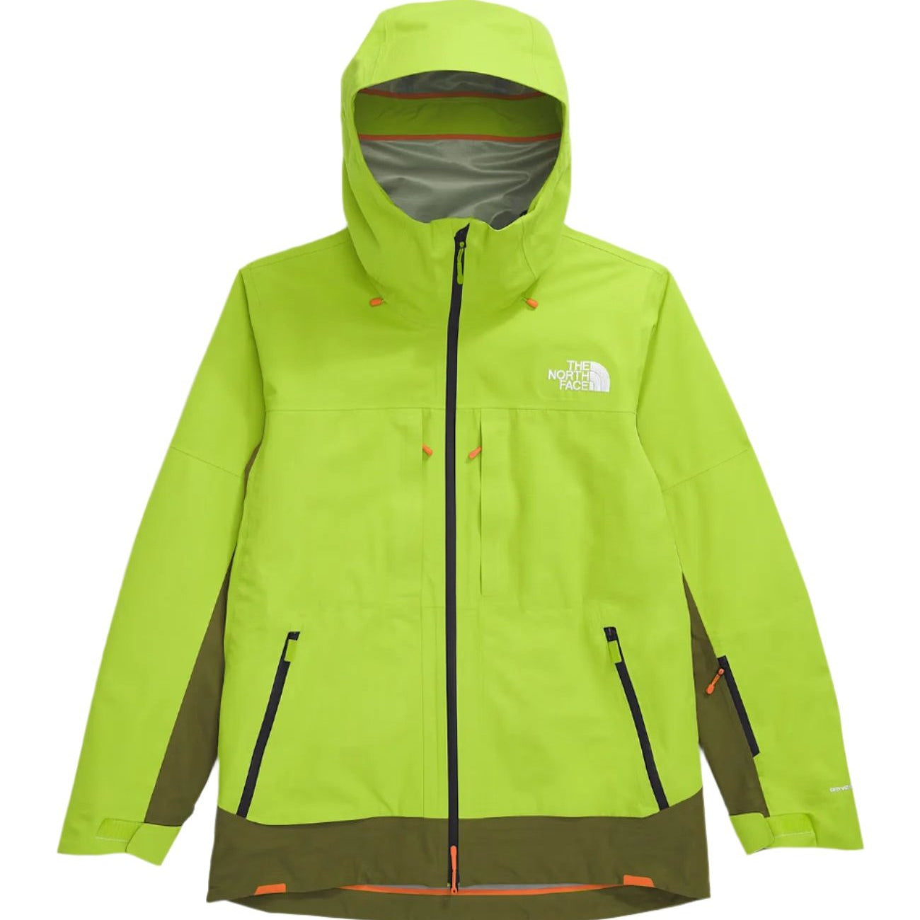 North Face Ceptor Shell Jacket - A lime green jacket with a white logo on the left chest and orange accents around the zipper.