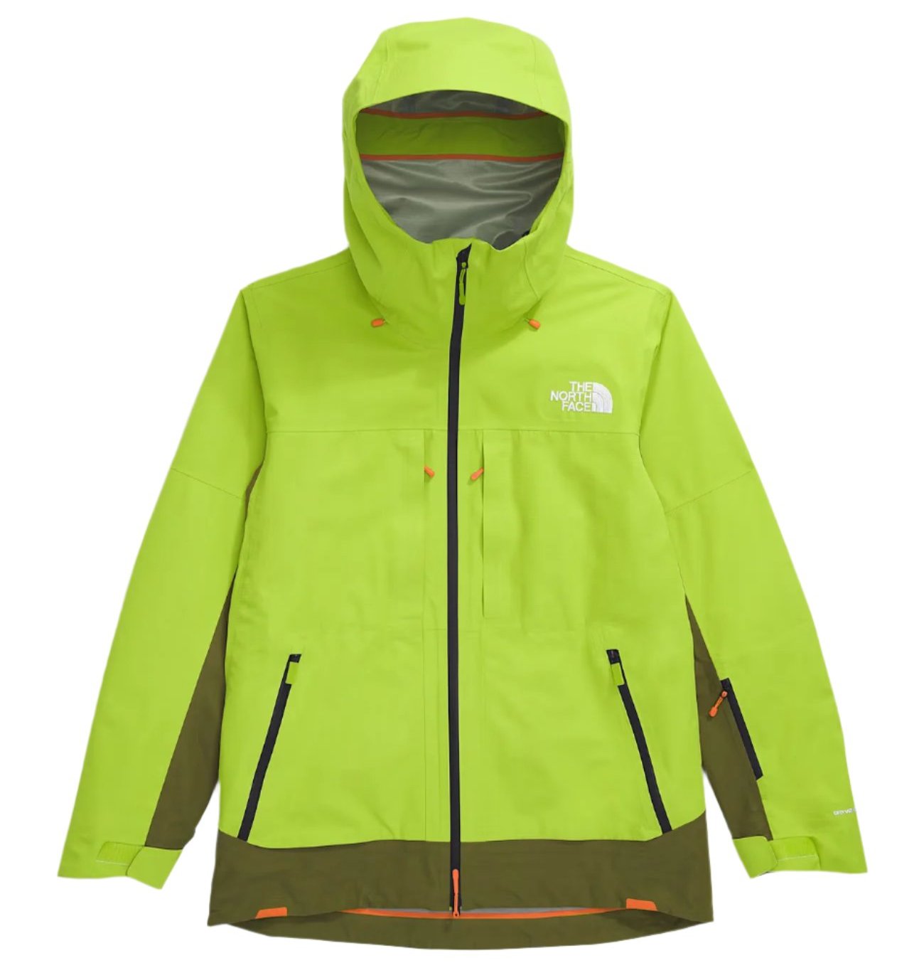 North Face Ceptor Shell Jacket - A lime green jacket with a white logo on the left chest and orange accents around the zipper.