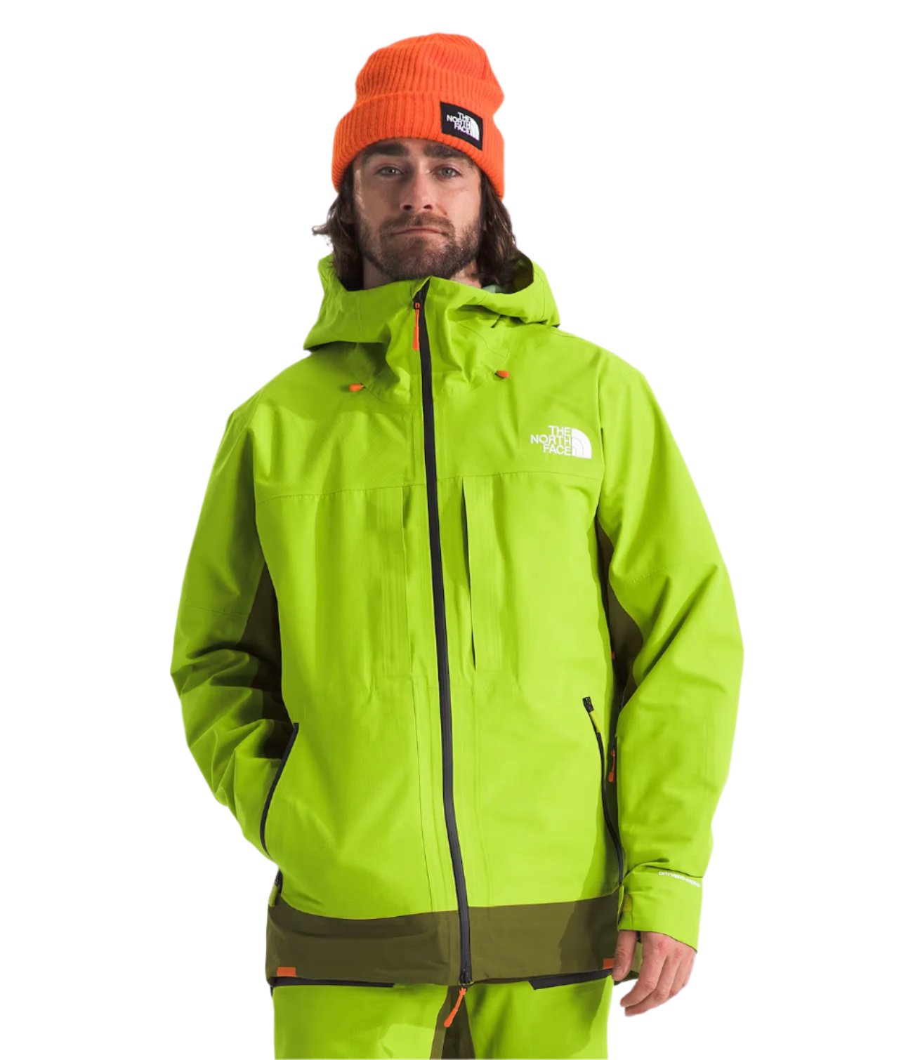 North Face Ceptor Shell Jacket - A bright green jacket with a white logo on the left chest and orange zipper pulls.