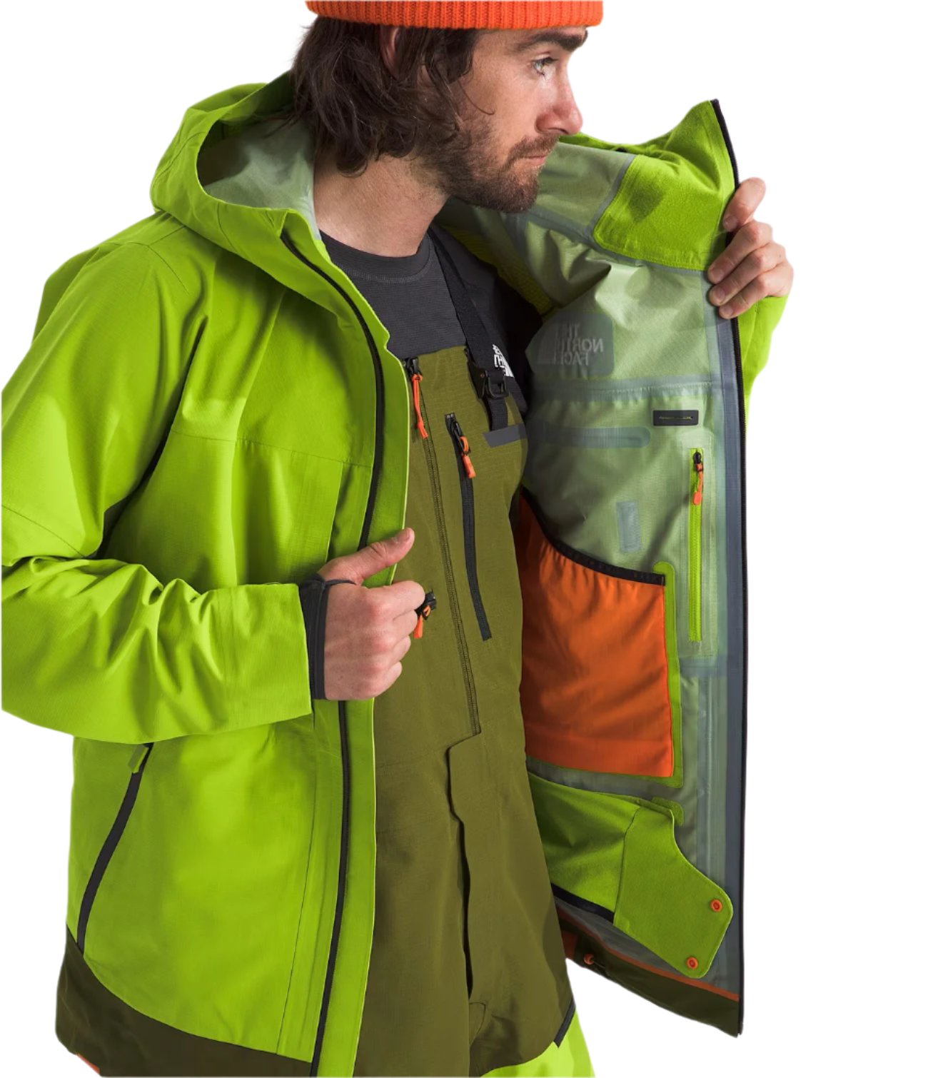 North Face Ceptor Shell Jacket - A bright green jacket with a hood, featuring black zippers and a white logo on the chest.