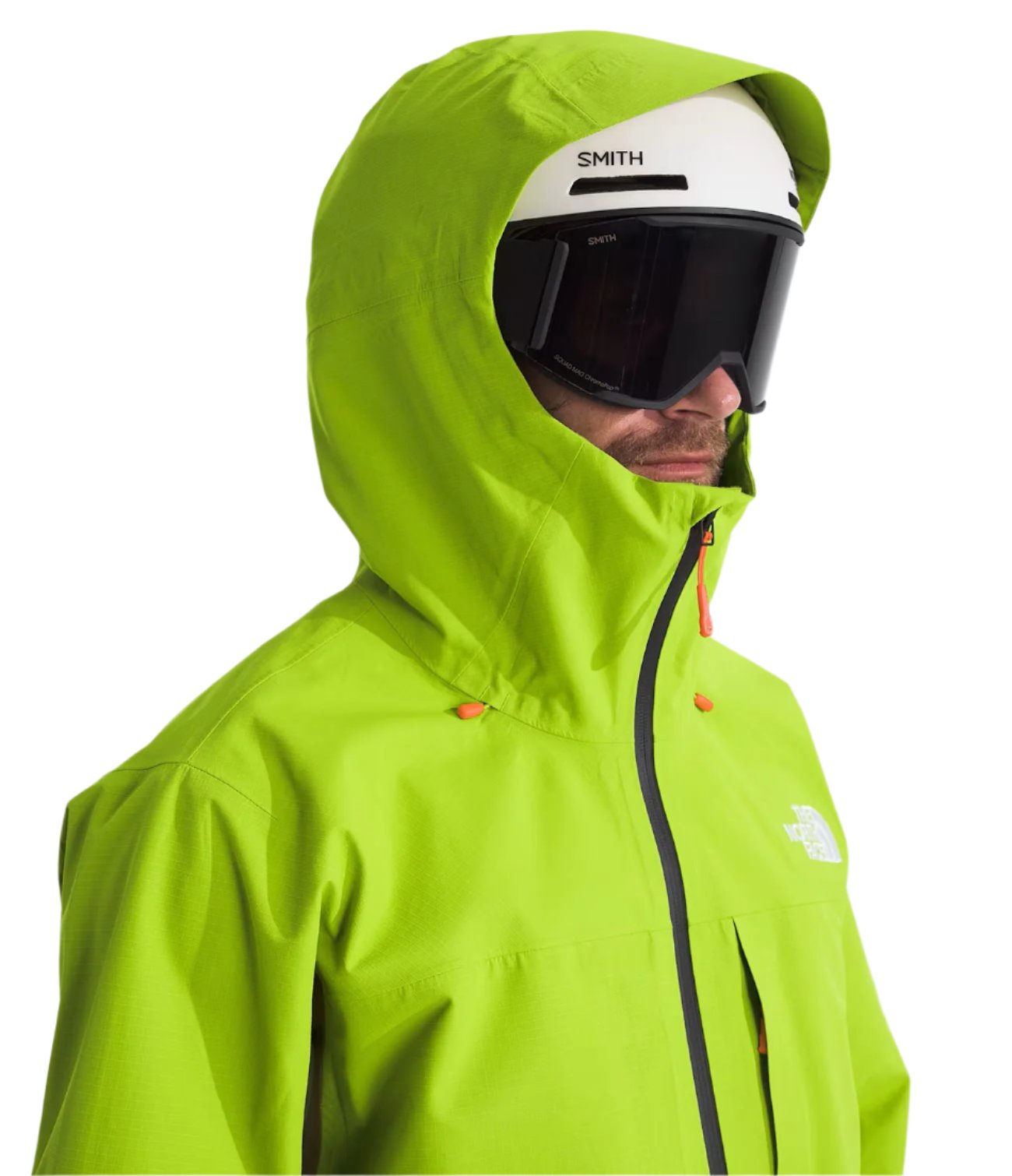 North Face Ceptor Shell Jacket - A bright green jacket with a white logo on the left chest and orange zipper pulls.