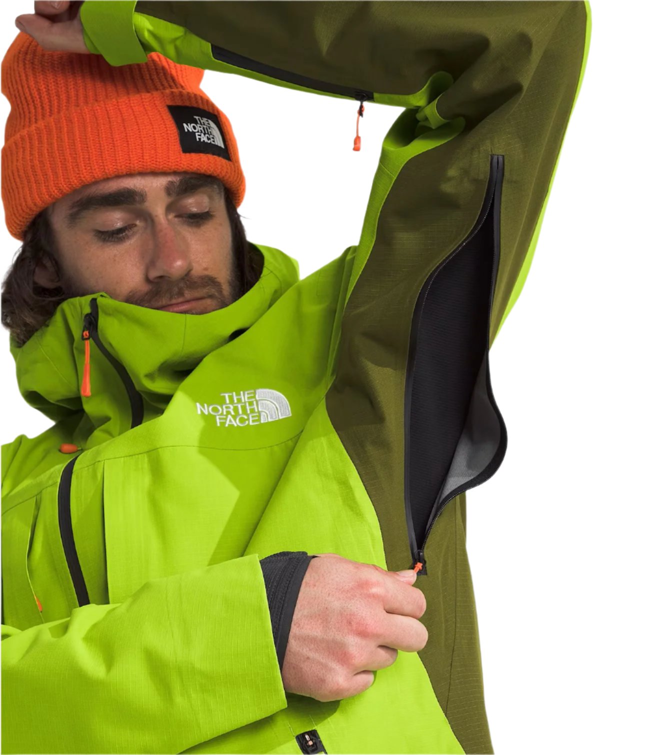 North Face Ceptor Shell Jacket - A bright green jacket with a white logo on the chest and black zippers.