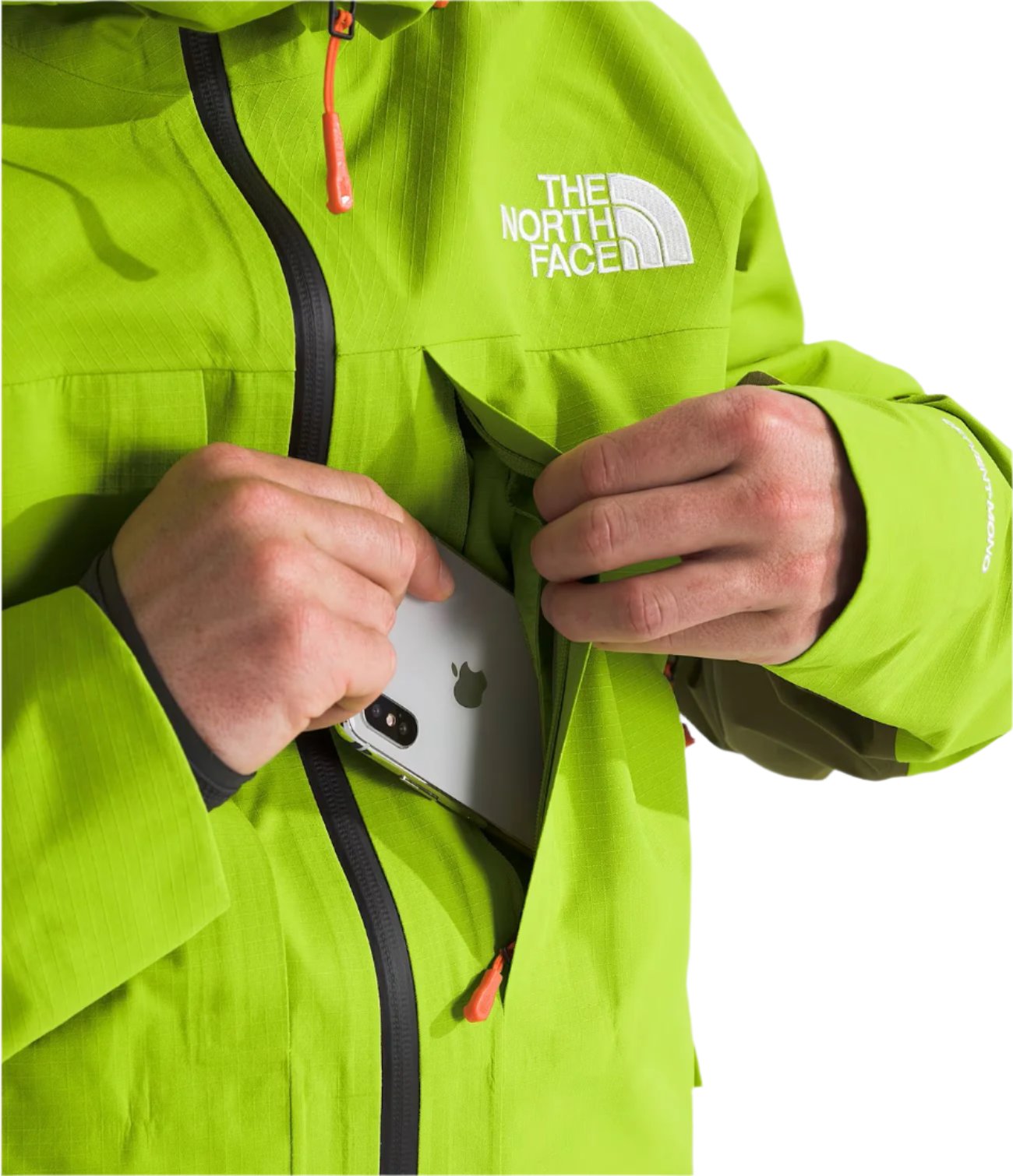 North Face Ceptor Shell Jacket - A lime green jacket with a white logo on the left chest and orange accents around the zipper.