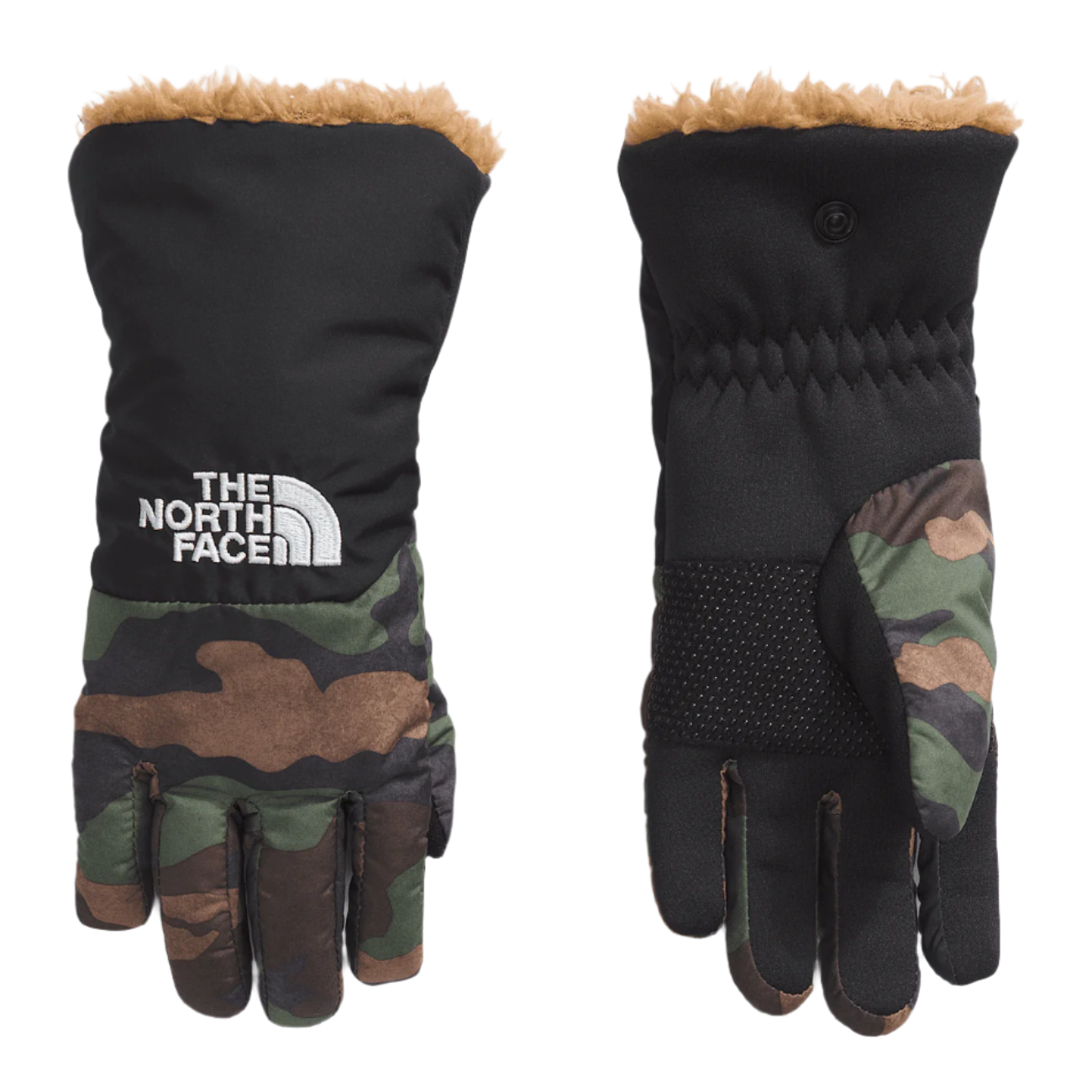 North Face Shasta Kid's Glove - A black glove with a white logo on the wrist and brown faux fur trim around the cuff.