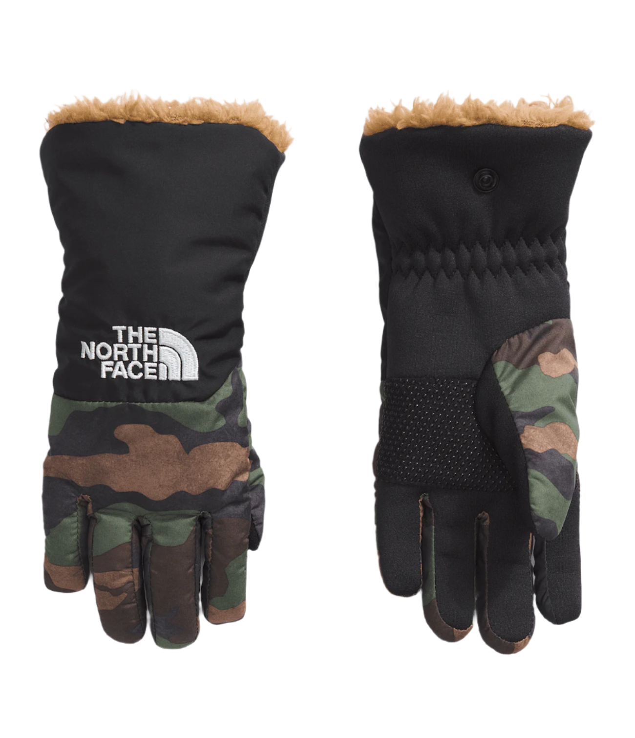 North Face Shasta Kid's Glove - A black glove with a white logo on the wrist and brown faux fur trim around the cuff.