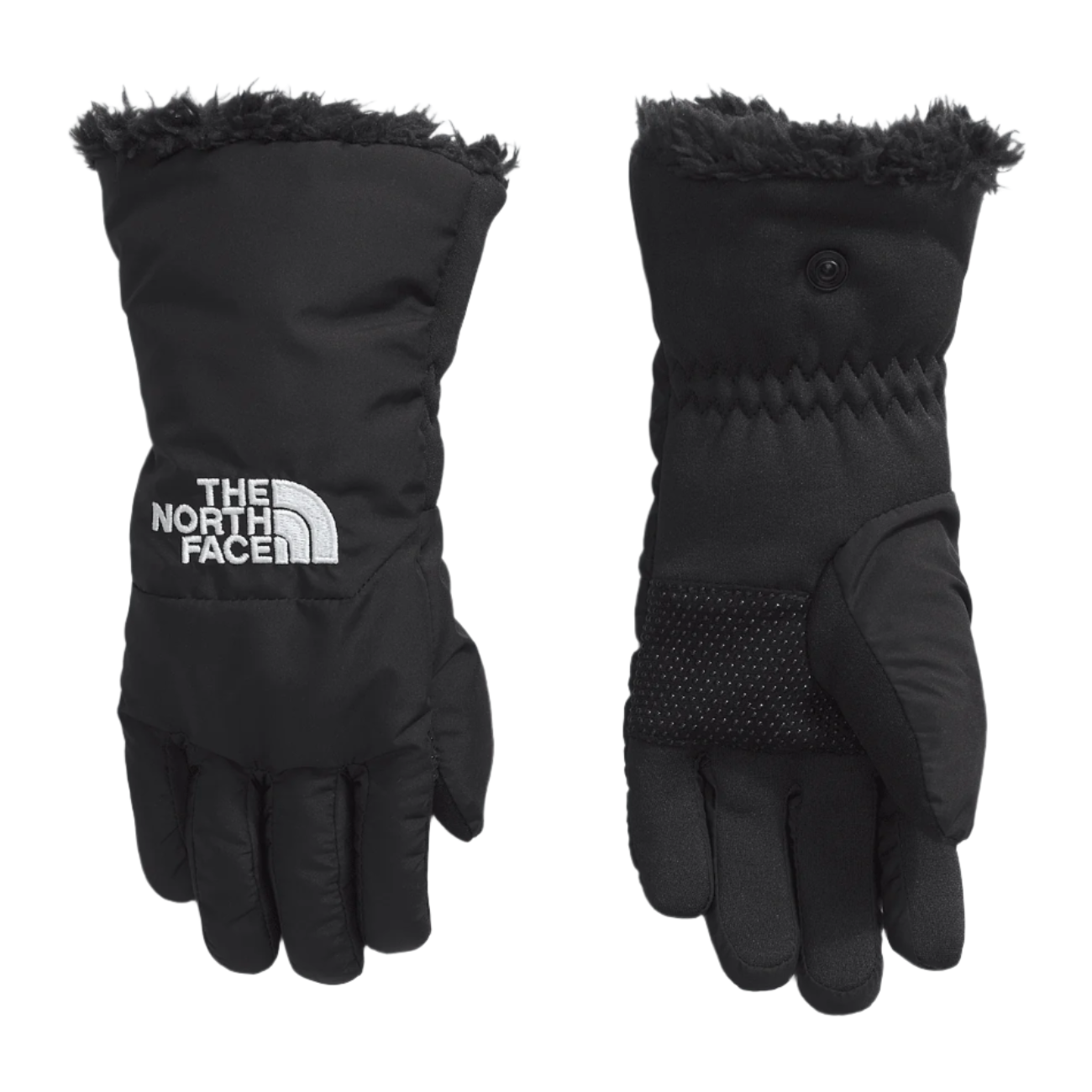 North Face Shasta Kid's Glove - A black glove with a white logo on the wrist and a fuzzy cuff at the top.