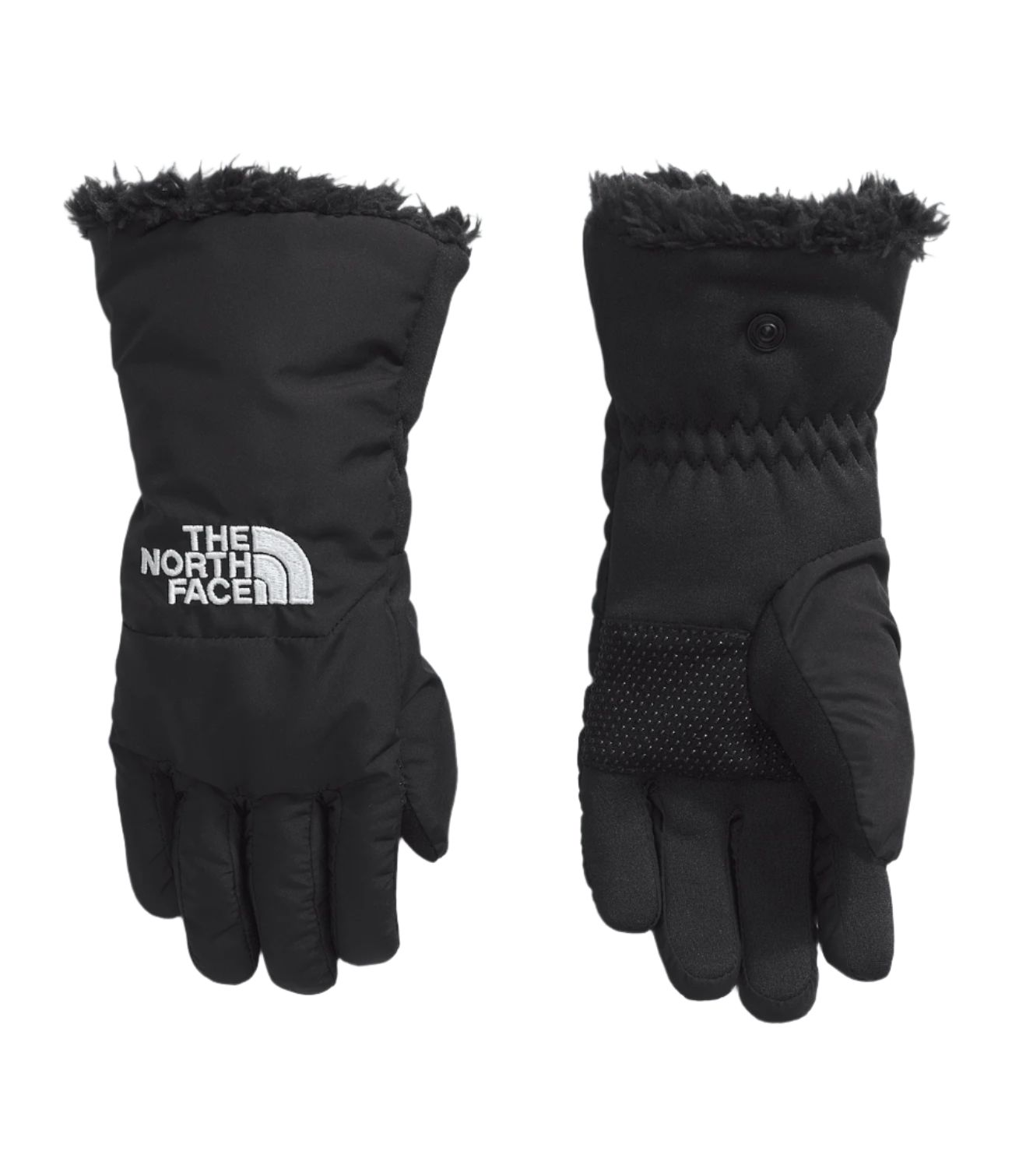 North Face Shasta Kid's Glove - A black glove with a white logo on the wrist and a fuzzy cuff at the top.