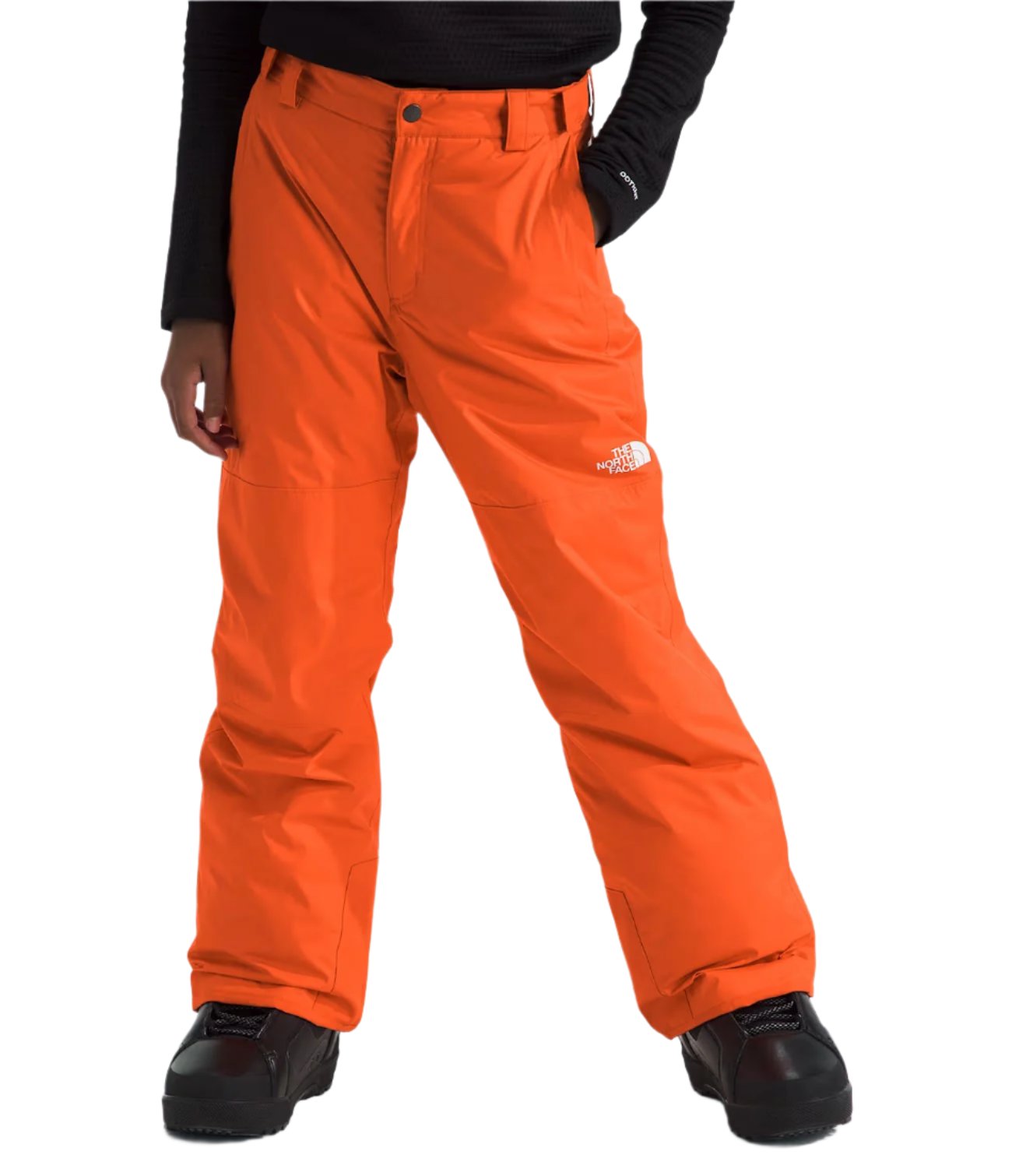 North Face Boys' Freedom Insulated Pant - A pair of orange snow pants with a white logo on the left thigh and black buttons at the waist.
