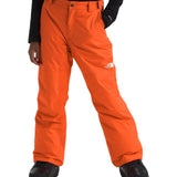 North Face Boys' Freedom Insulated Pant - A pair of orange snow pants with a white logo on the left thigh and black buttons at the waist.
