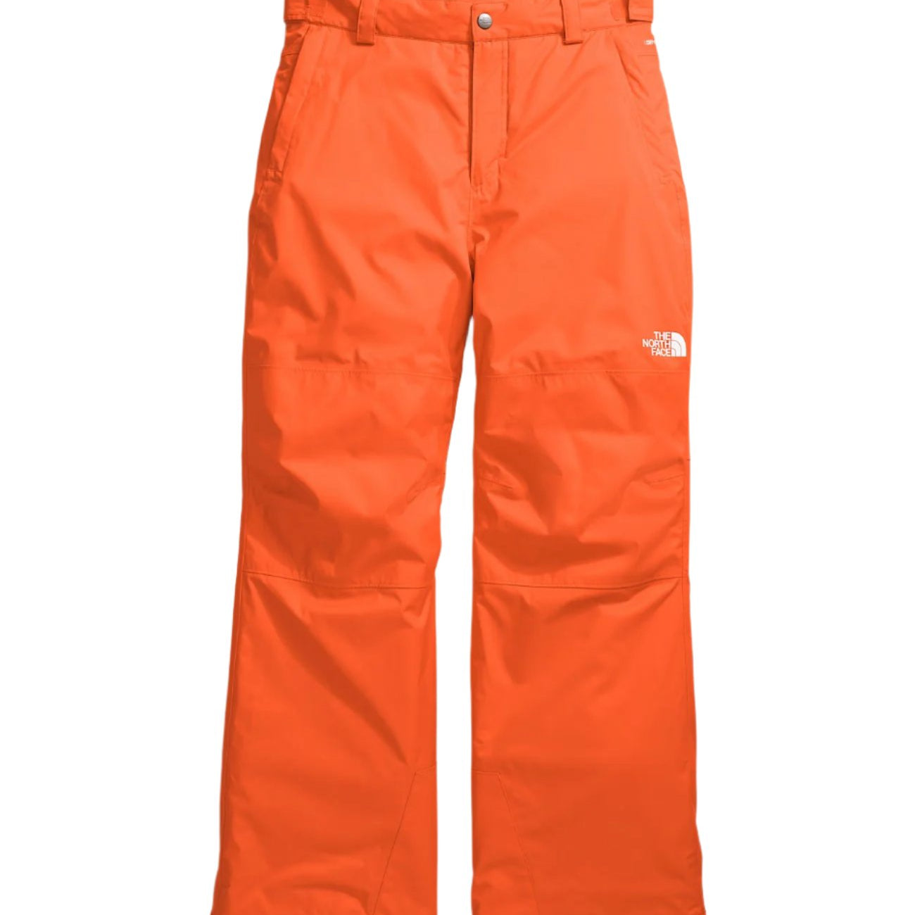 North Face Boys' Freedom Insulated Pant 2025 - A pair of orange snow pants with a white logo on the left thigh.