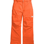 North Face Boys' Freedom Insulated Pant 2025 - A pair of orange snow pants with a white logo on the left thigh.