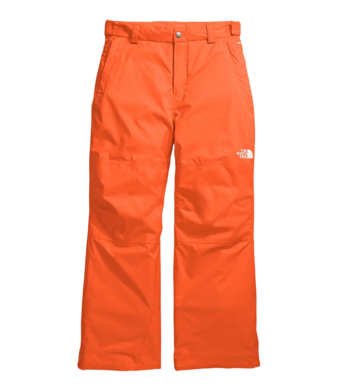 North Face Boys' Freedom Insulated Pant 2025 - A pair of orange snow pants with a white logo on the left thigh.