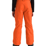 North Face Boys' Freedom Insulated Pant - A pair of bright orange snow pants with a black logo on the left leg and a belt loop at the waist.