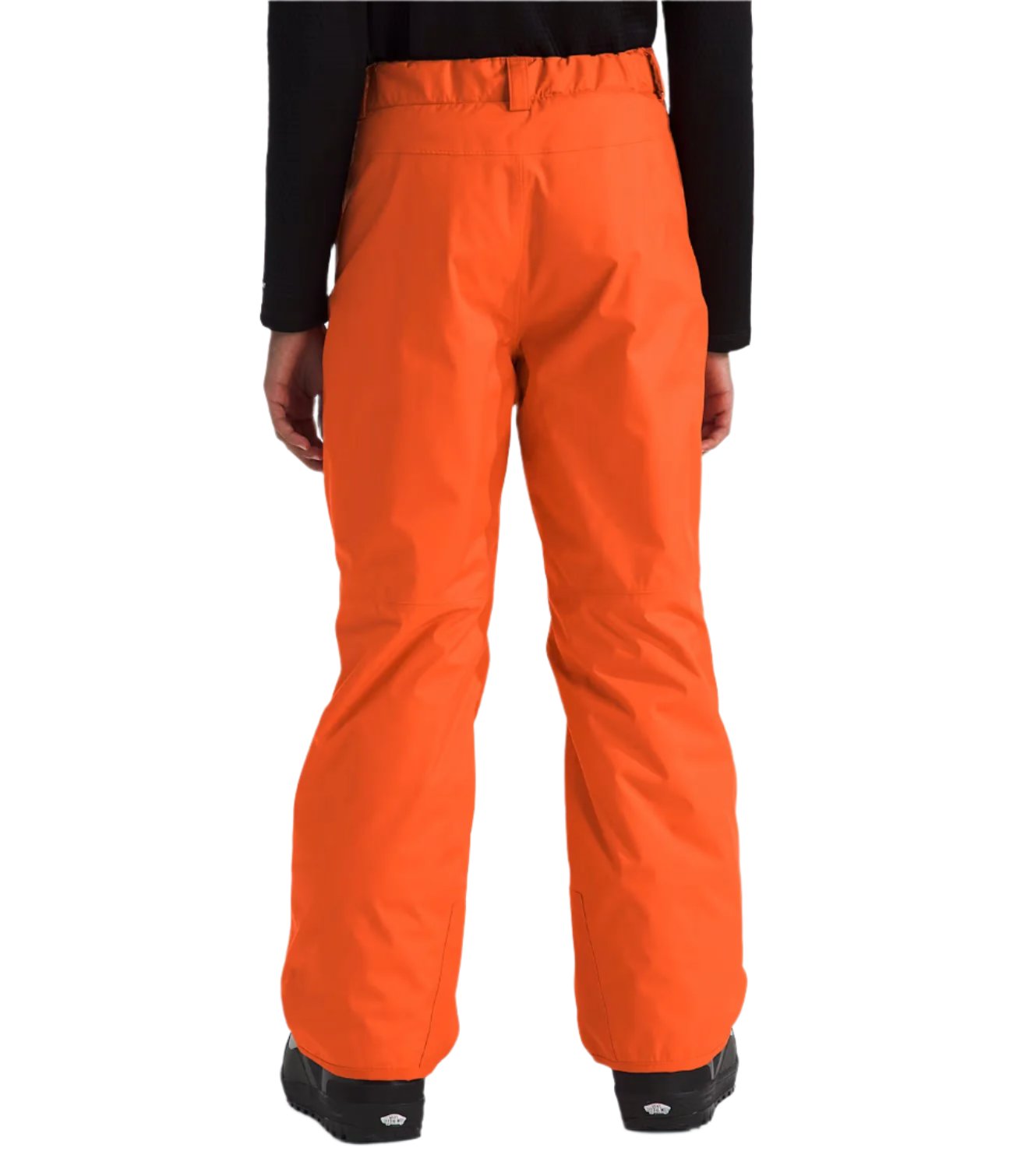 North Face Boys' Freedom Insulated Pant - A pair of bright orange snow pants with a black logo on the left leg and a belt loop at the waist.