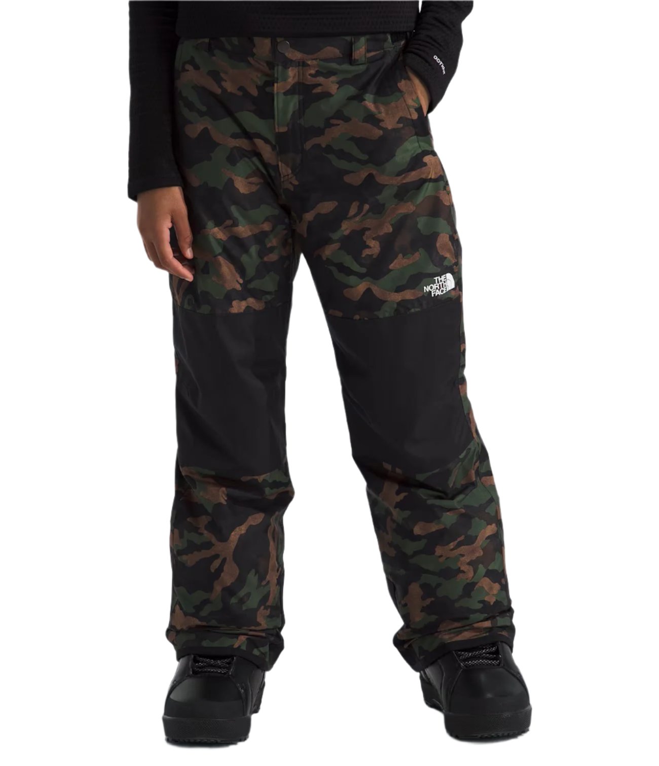 North Face Boys' Freedom Insulated Pant 2025 - A pair of camouflage-print insulated pants with a white logo on the left thigh.