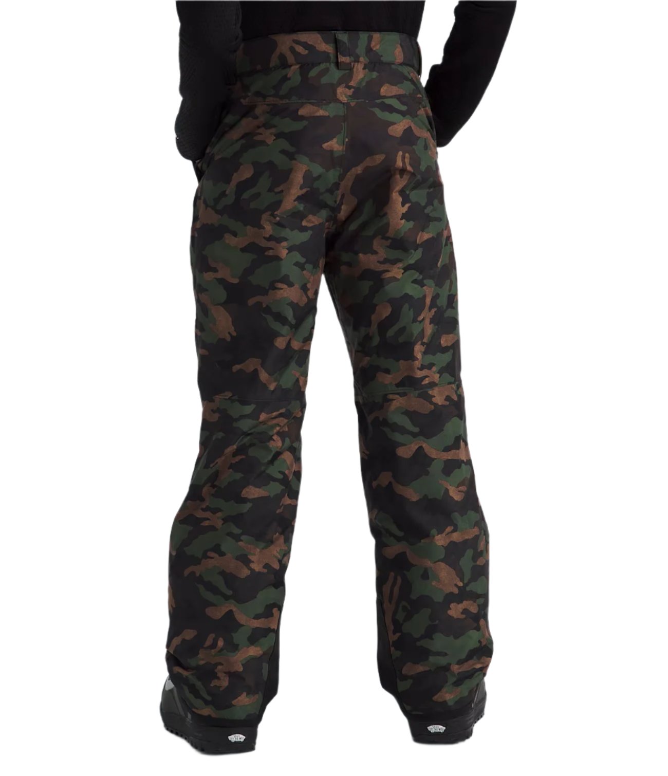 North Face Boys' Freedom Insulated Pant 2025 - A pair of dark green camouflage insulated ski pants with a black waistband and cuffs.