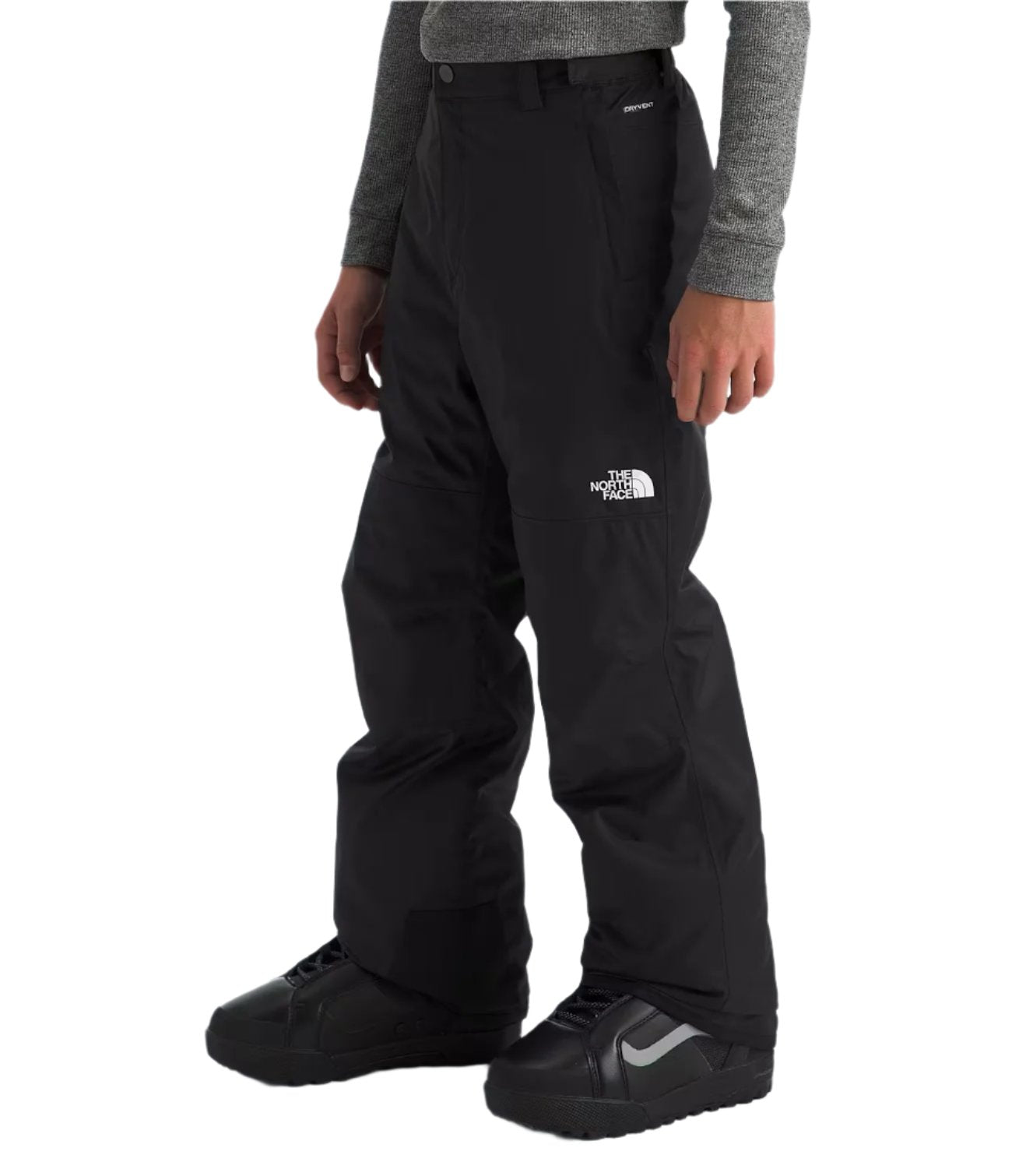 North Face Boys' Freedom Insulated Pant - A pair of black insulated ski pants with a white logo on the left thigh and a small pocket on the right side.